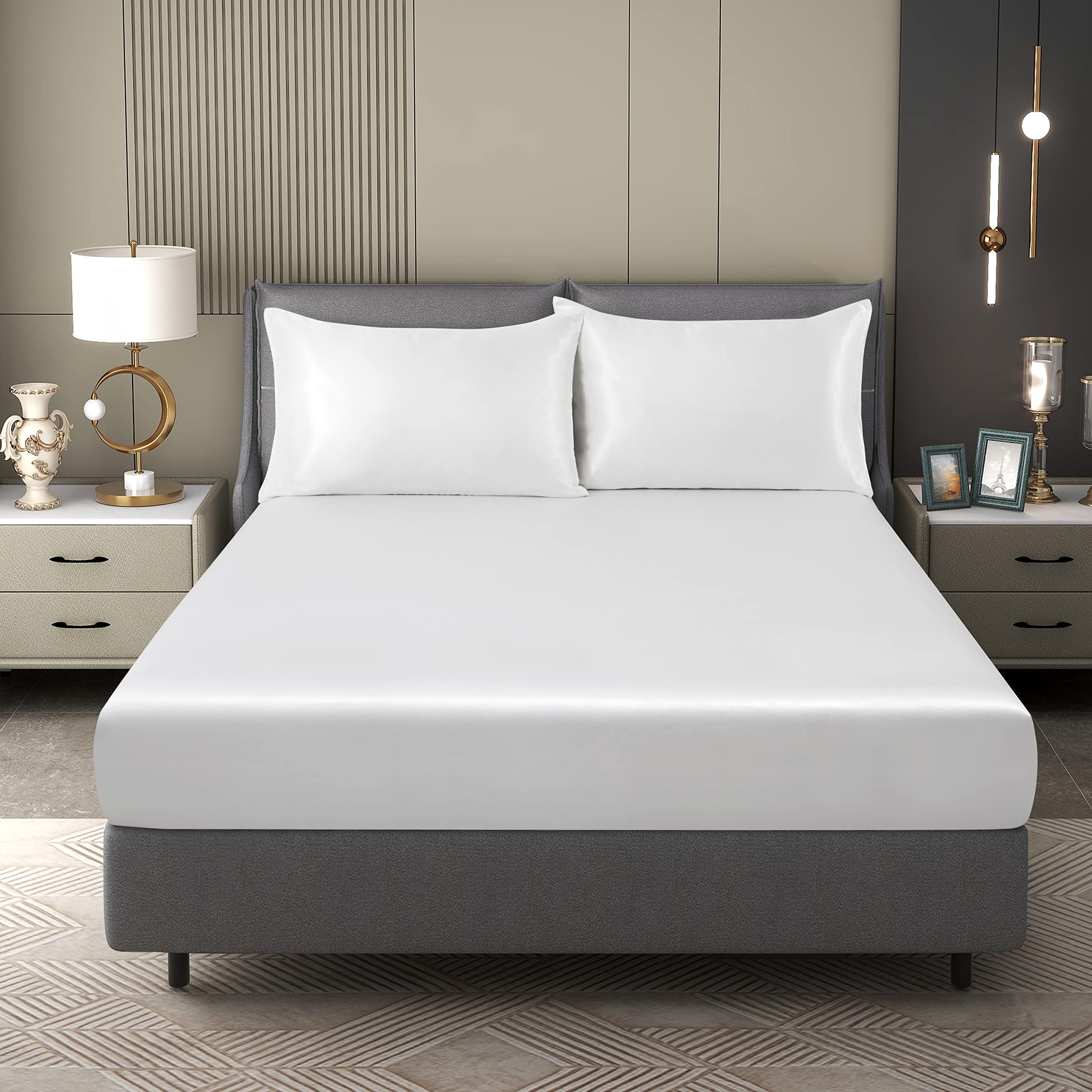 Drap-housse en satin pour lit double, blanc