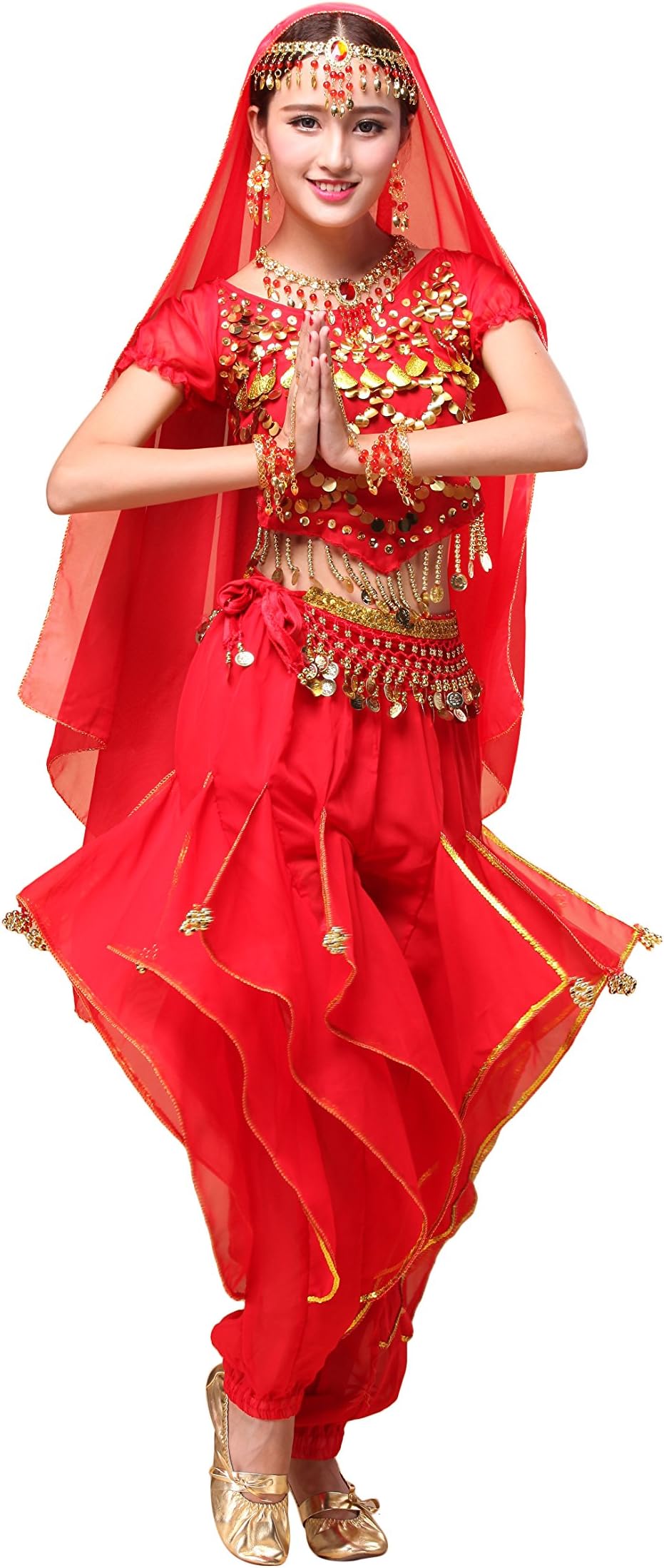 Feimei Woman Exotic Jasmine Belly Dance Costume Set with Halter Top and Harem Pants (Red)
