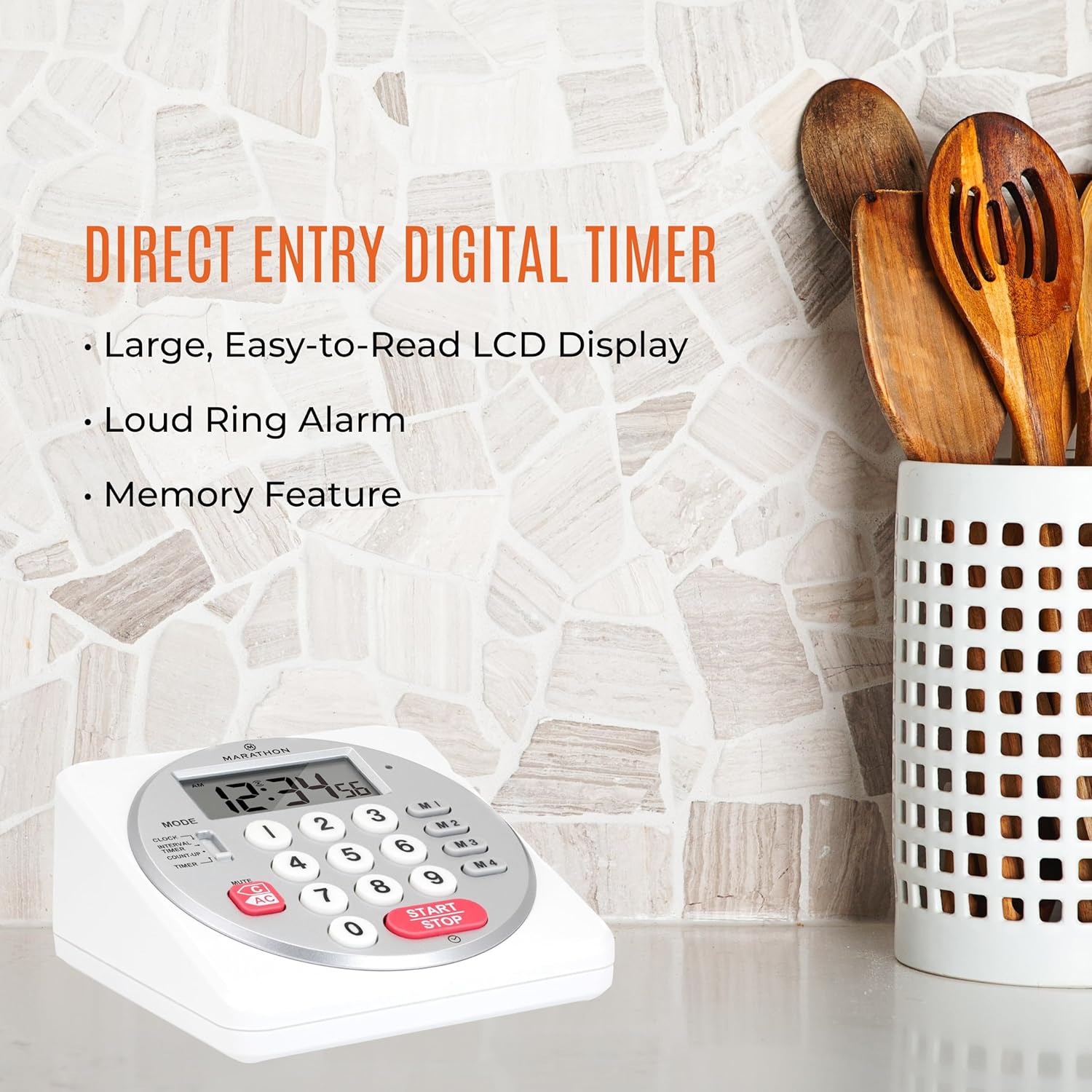 Marathon 100 Hour Direct Entry Digital Tabletop Timer on a kitchen counter