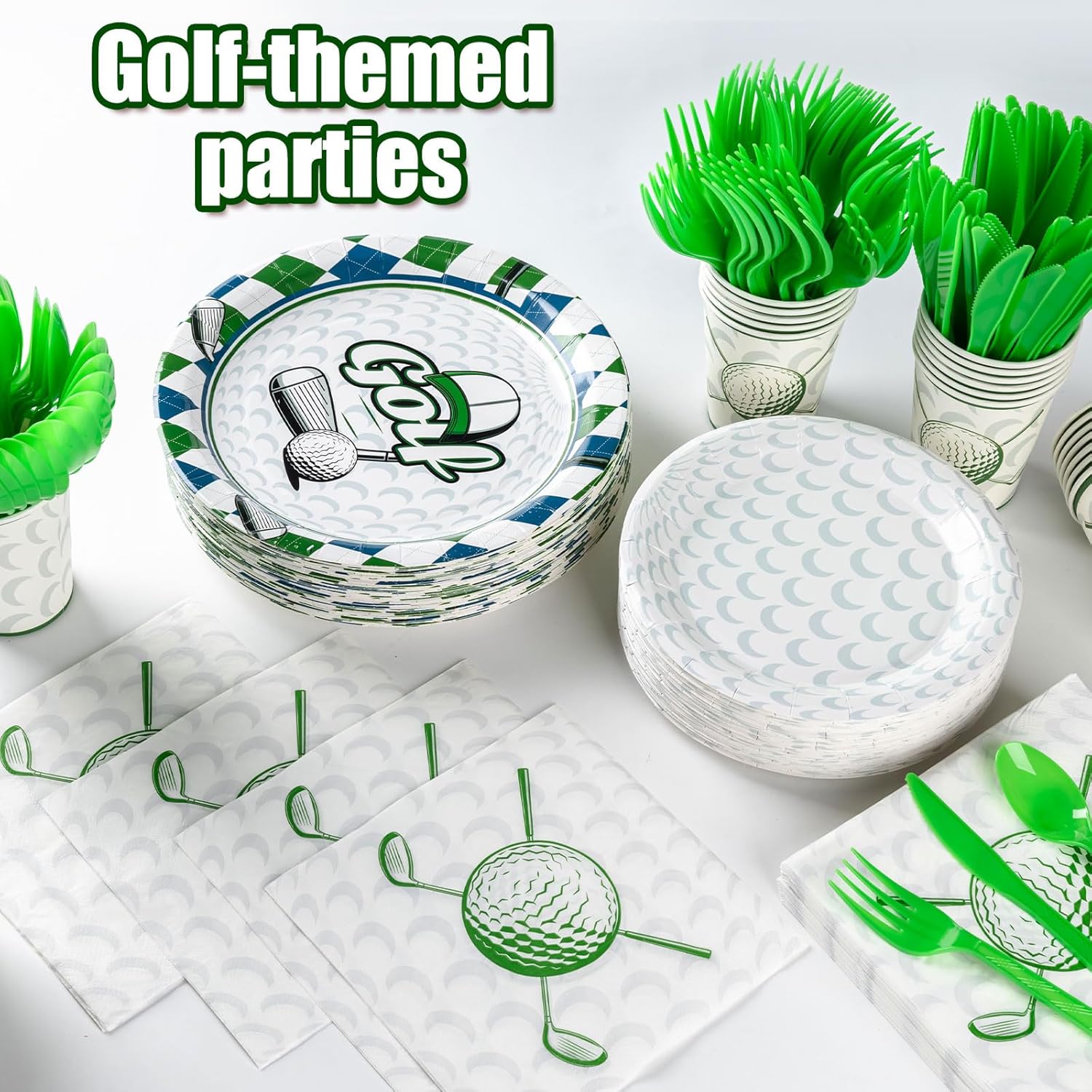Golf Party Decorations Set for 50 Guests, 350 Pieces, Plates, Cups, Napkins, Cutlery, Green and White - Image 4