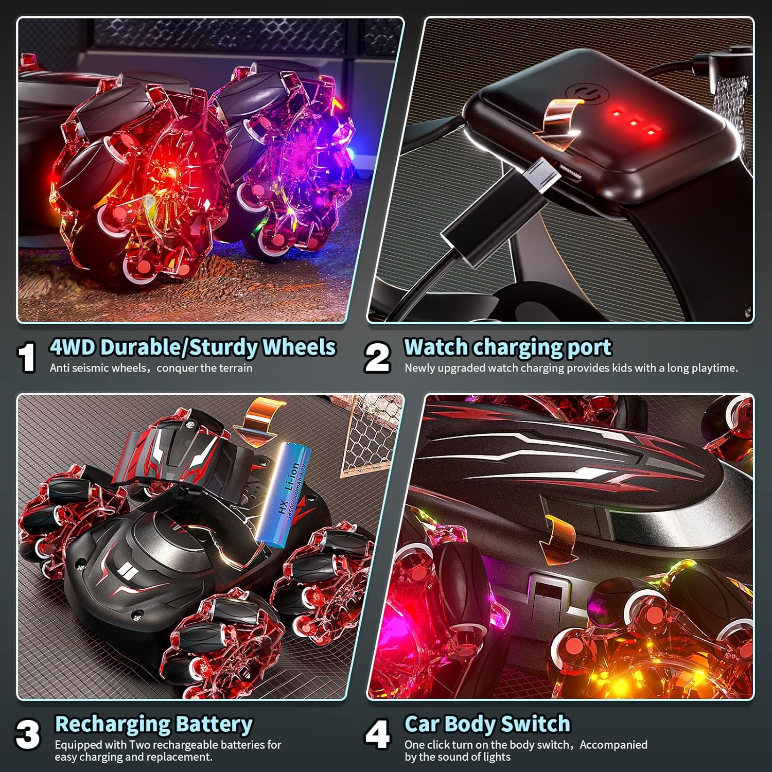 2.4GHz RC Stunt Car,4WD Double-Sided Gesture Sensing RC Cars,360°Flips Remote Control Car with Lights and Music for Boys Kids Birthday Gifts Age 6-12 Year Old (Red