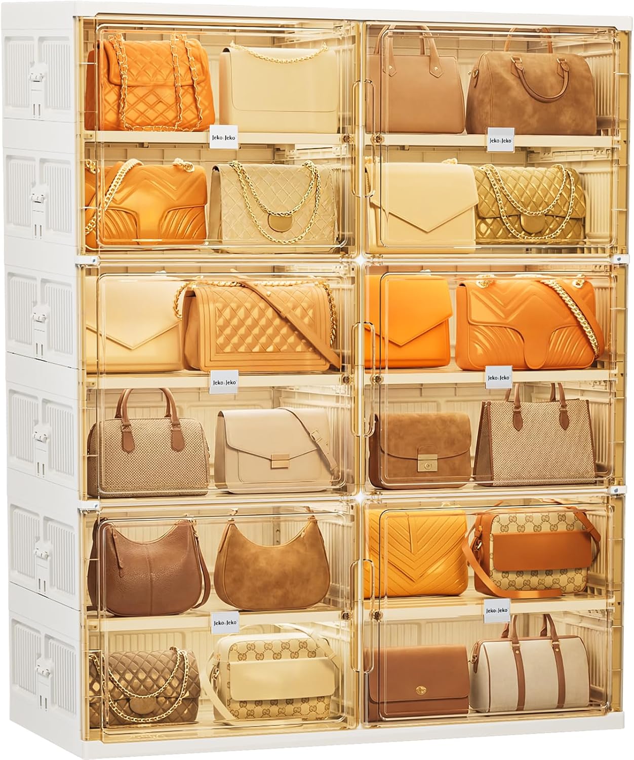JEKO&JEKO 10-Tier Double Column Foldable Purse and Handbag Storage Cabinet, White Large Organizer with Magnetic Doors