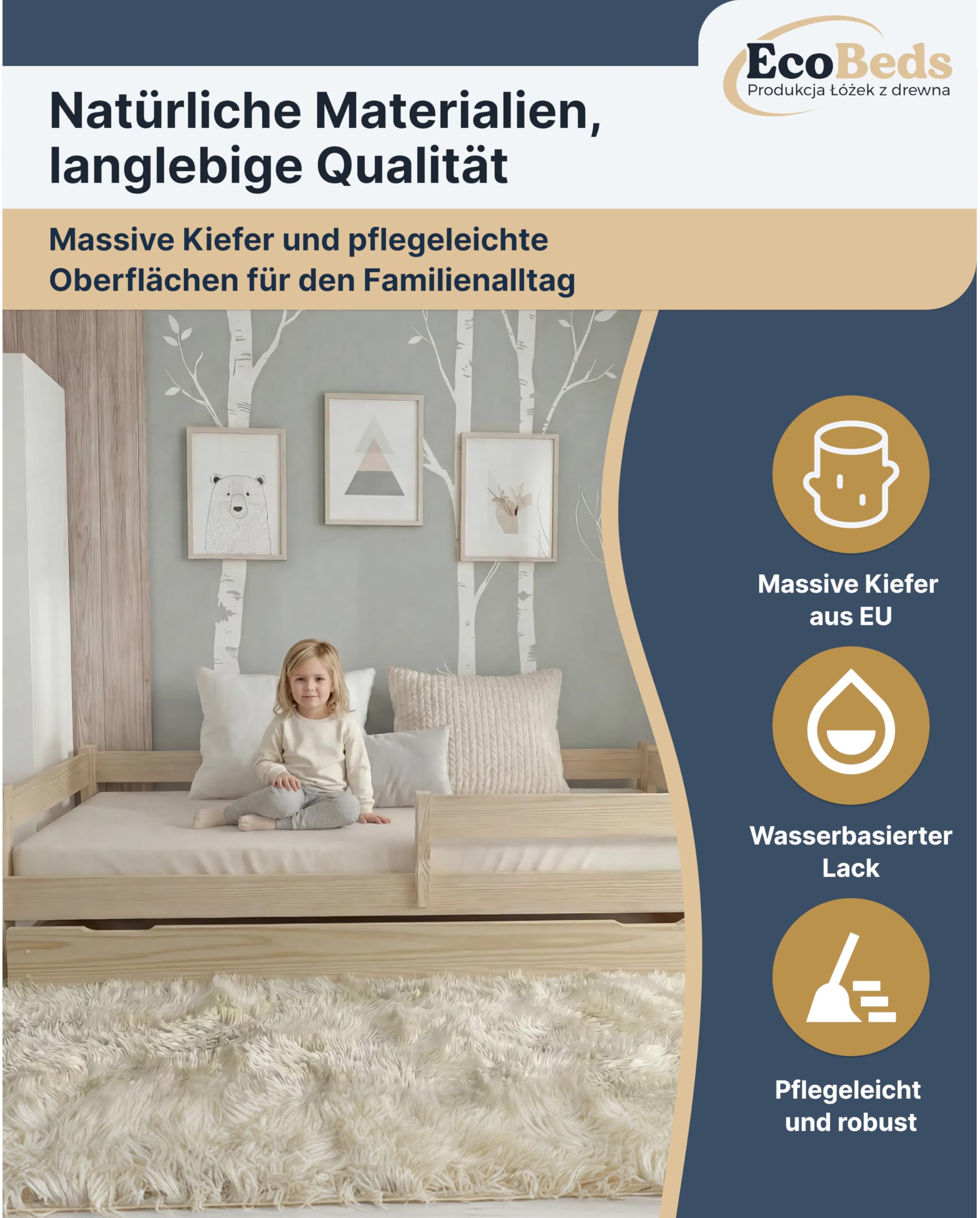 EcoBeds ALA Kinderbett 90x200 cm Kiefer Massivholz bis 150 kg | Weiß - mit Rausfallschutz, Lattenrost und Schublade zur Aufbewahrung, für Kinder und Jugendliche, einfache Montage