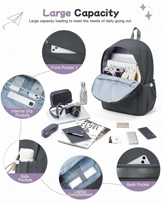 BJLFS Grey Backpack for School Women Girls, Waterproof Bookbag Cute High School Back Pack for Men Teen Boys, Lightweight Travel College Backpack Mochilas Escolares para Casual Daypack Rucksack