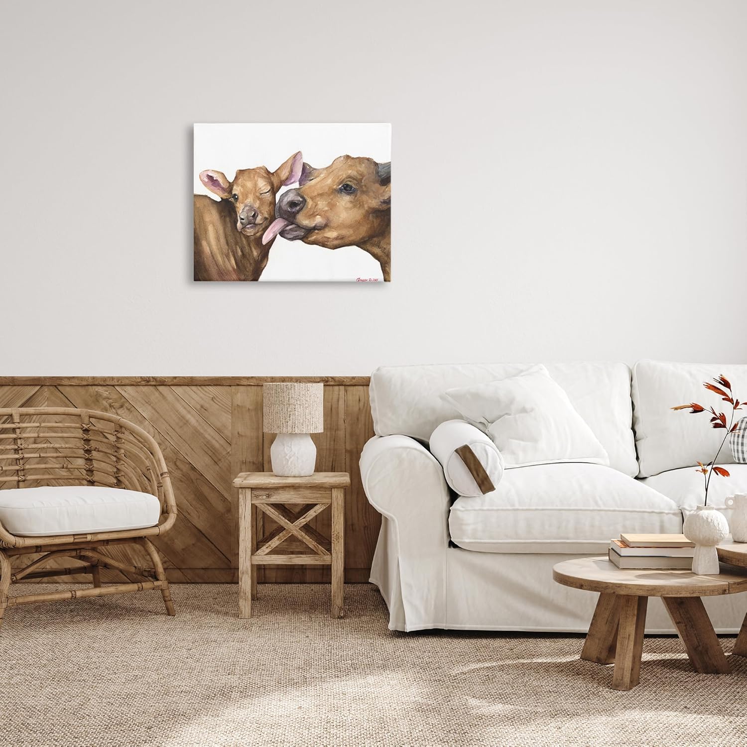 Stupell Industries Baby Cow Family Animal Watercolor Painting Wall Art, 24x30, Gallery Wrapped Canvas