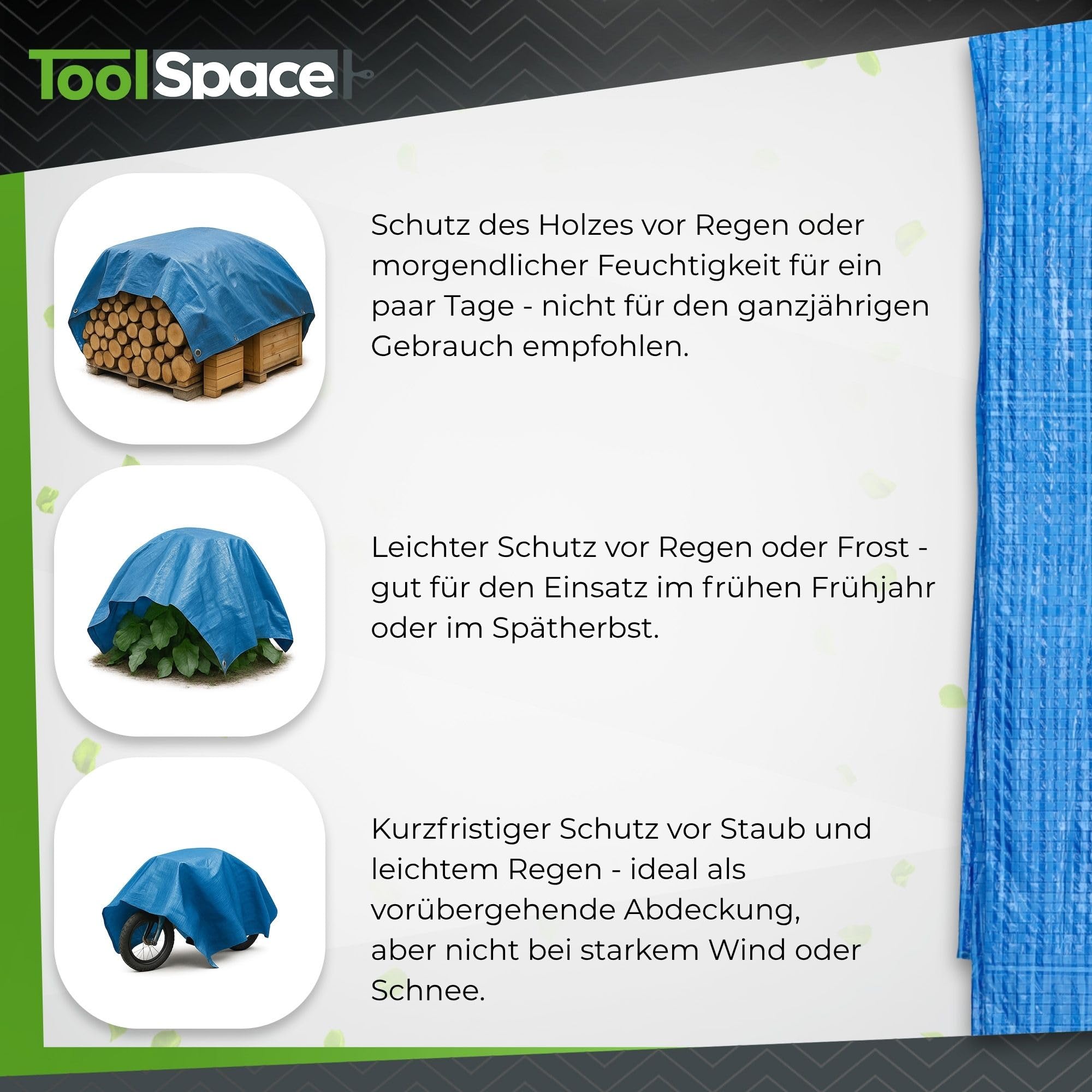 ToolSpace SUPERDICKE Gewebeplane Premium Plane mit Ösen 6x10 m Wetterfest Abdeckplane UV Beständig Tarp Outdoor Garten Wasserdicht Schutzplane Bauplane BLAU 50g/m2 Reißfest Industrieplane Bootplane