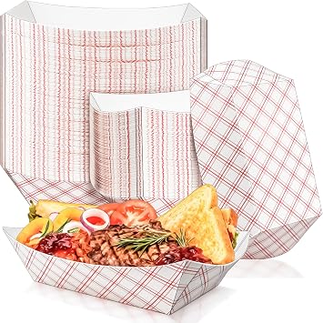 100 Pack Extra Large 5Lb Paper Food Boat Trays Disposable Paper Boat Containers, Checkered Kraft Food Serving Tray Boats Plates for Snack Popcorn Sandwich Burger Hot Dog BBQ Taco Fries Nacho