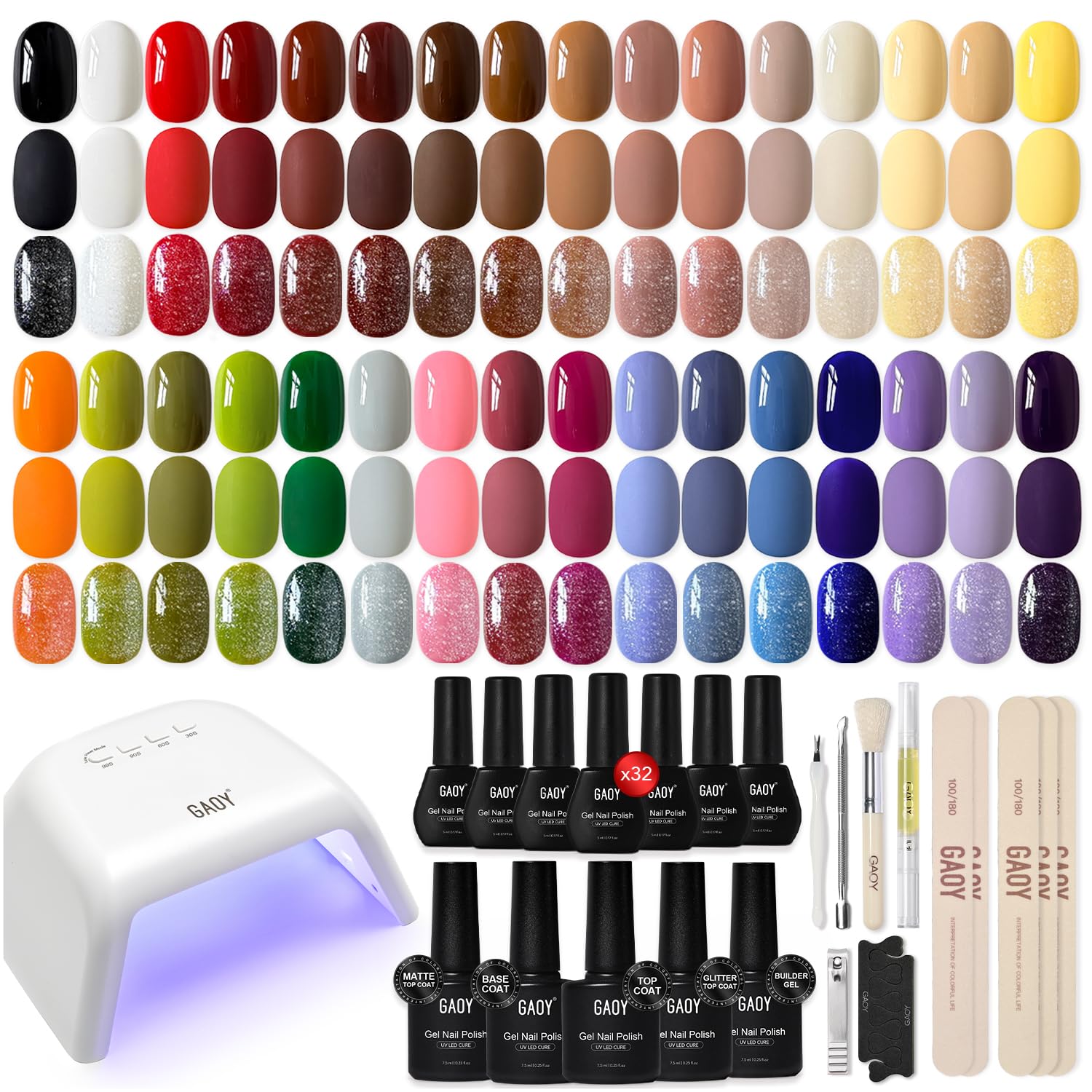 GAOY Gel Nail Polish Kit with UV Light, 32 Colors Gel Polish Set Red Black White Pink Blue with 5 Pcs Soak off Base Glossy Matte Glitter Top Coat & Builder for Nail Art DIY Manicure at Home