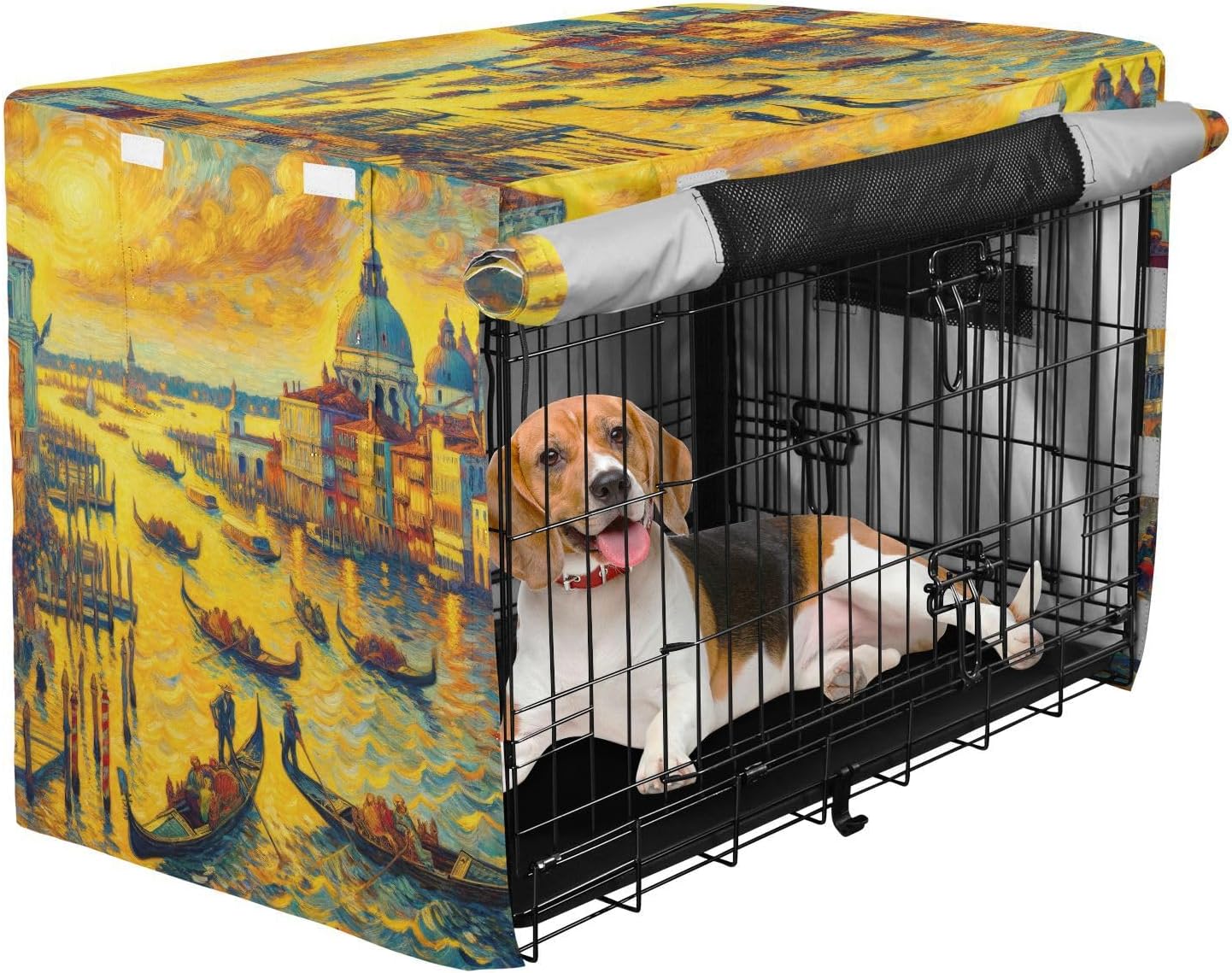 Venice Oil Painting Pet Cage Cover with Openings, Breathable Foldable Crate Cover for Travel, X-Large