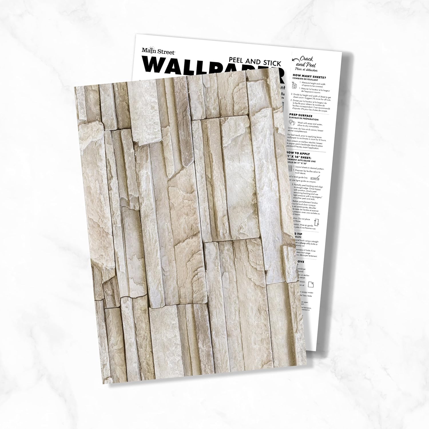 Main Street Peel and Stick Wallpaper Eco-Friendly Sheets 12 Pack, 11 X 16 Inch Stacked Stone Design, Wall Mural for Home Decor, Removable Wall Decor Wallpaper Peel and Stick for DIY Projects