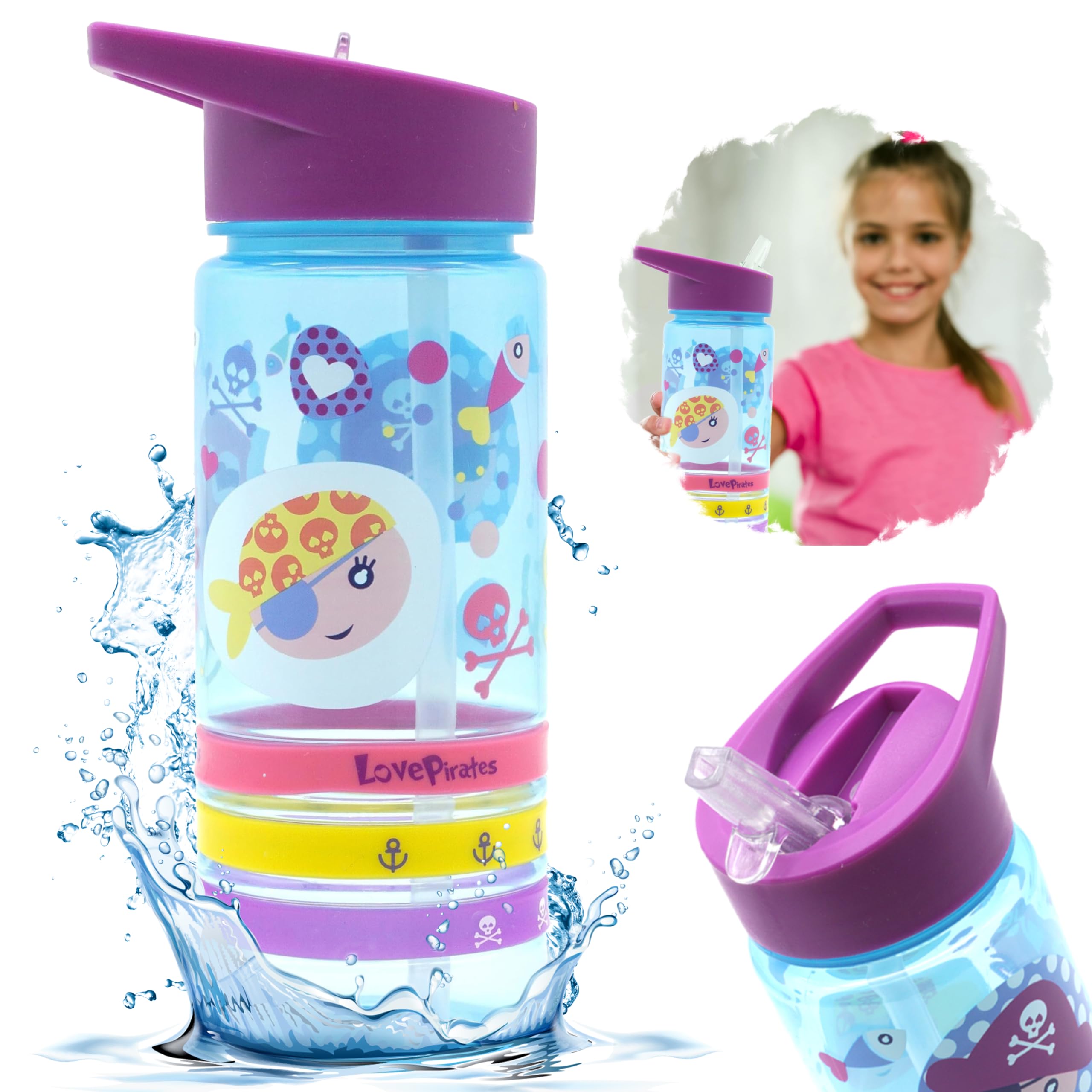 Srvertex 500Ml Love Pirates Water Bottle 1X Love Pirates Water Bottle With Straw Lid For Kids And Adult 500Ml - Perfect For School Bpa Free Summer Water Bottle With Silicon Straw, Leak Proof, Travel