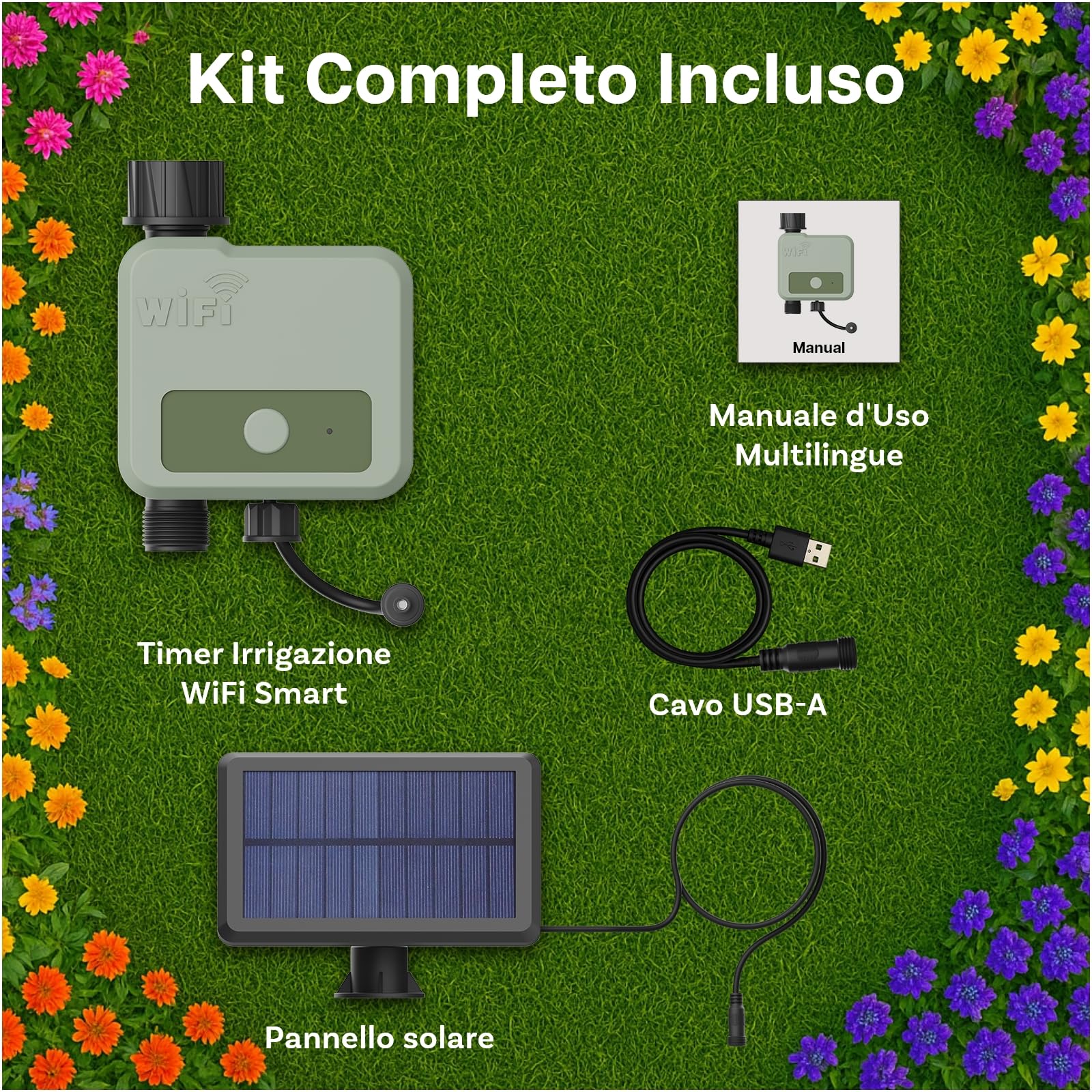 Timer Irrigazione WiFi Smart di MMOBIEL – Programmatore per Irrigazione Alimentato da Solare & USB - 30m Raggio Wireless, Programmazione Automatica, Resistente alle Intemperie - Facile Installazione