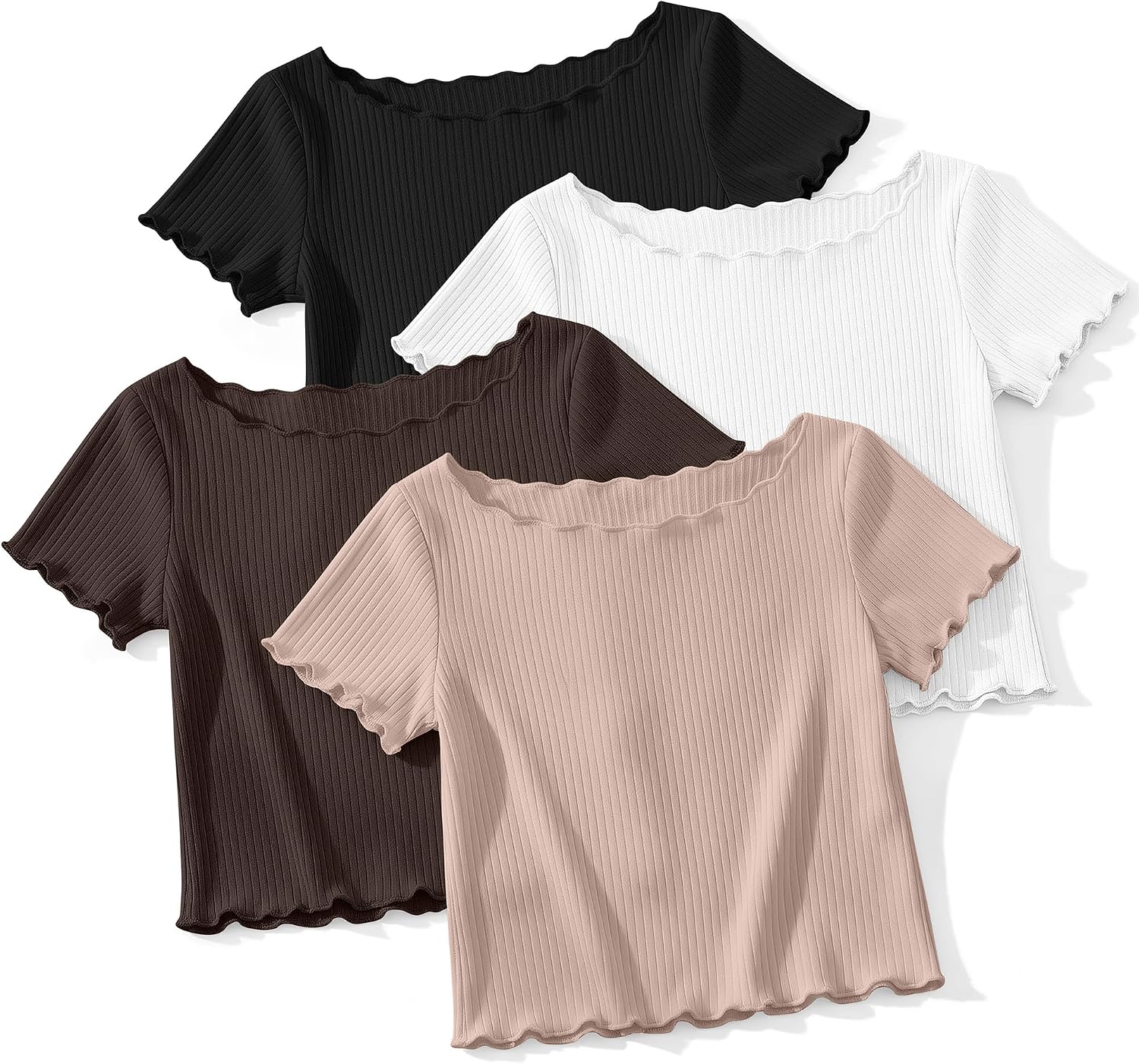 Oakgarden 4 Pack Toddler Girls' Cotton Shirts Baby Girl Ribbed Knit Short Sleeve Tees Kid Preschool Boat Neck Casual Tops