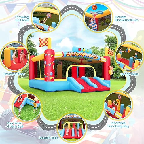 Miniatura 2 de Gran casa inflable de obstáculos para niños grandes, gorilas inflables para exteriores de 13 pies, aro de baloncesto doble, juego de pelota de