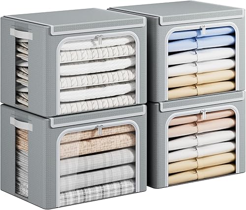 Yecaye Contenedores de almacenamiento de ropa con marco de metal, contenedor plegable de almacenamiento de ropa con tapa, caja organizadora apilable