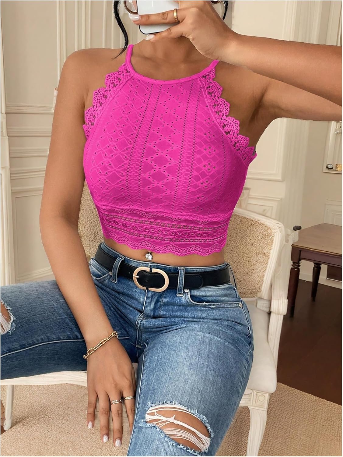 WDIRARA Women's Eyelet Halter Crop Top Lace Embroidery Slim Fitted Tops - Image 5