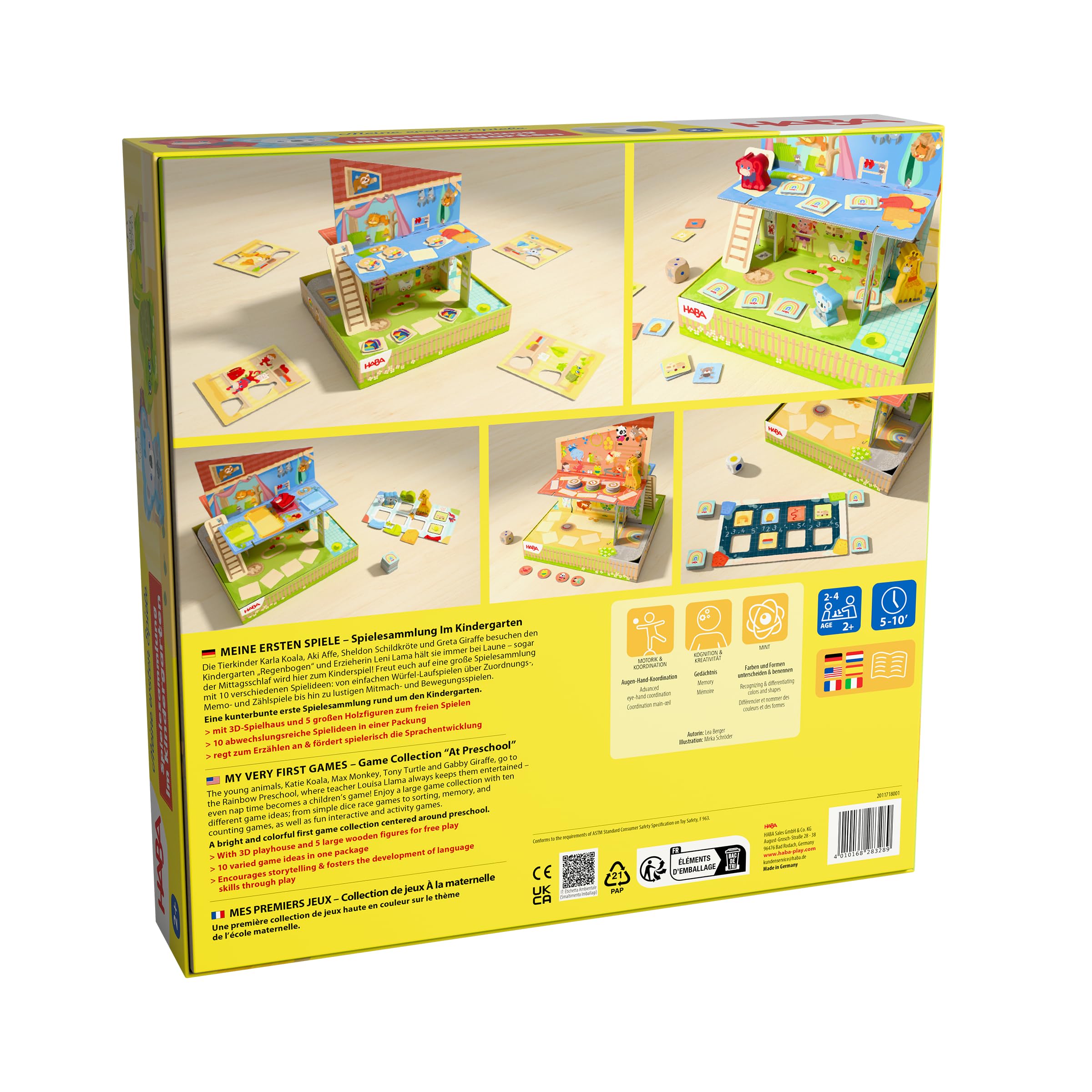 HABA Im Kindergarten Spielesammlung - 10 Abwechslungsreiche Spielideen - Großes 3D-Spielhaus mit 5 Holzfiguren - Ab 2 Jahren - Artikelnummer 2011718001