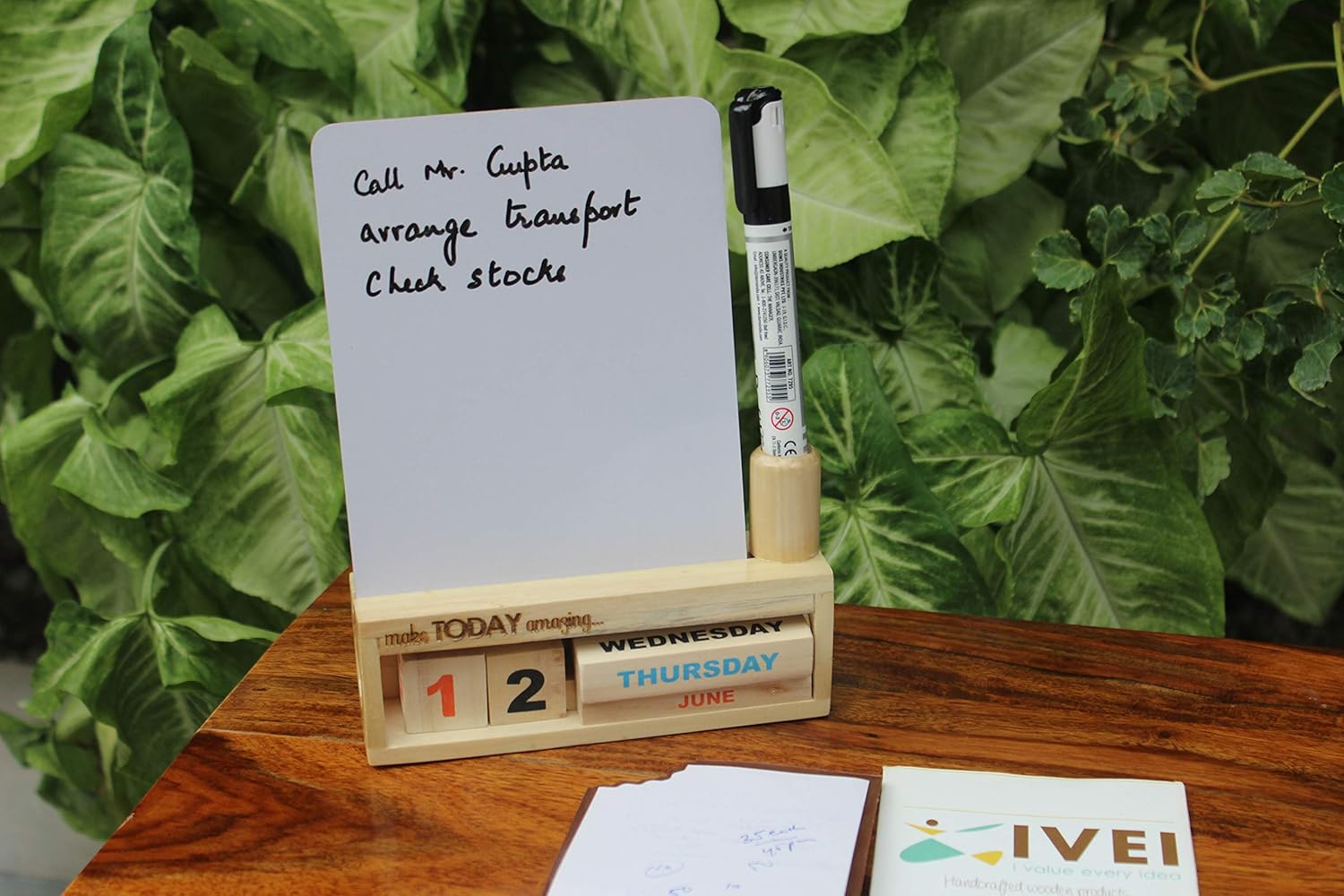 IVEI Wooden Desk Calendar with White Board and a Quote - Utility Desk Calendar - Wooden Perpetual Calendar Set for Desk Decor, Study Room - Endless Calendar with White Board for Office, School, Home
