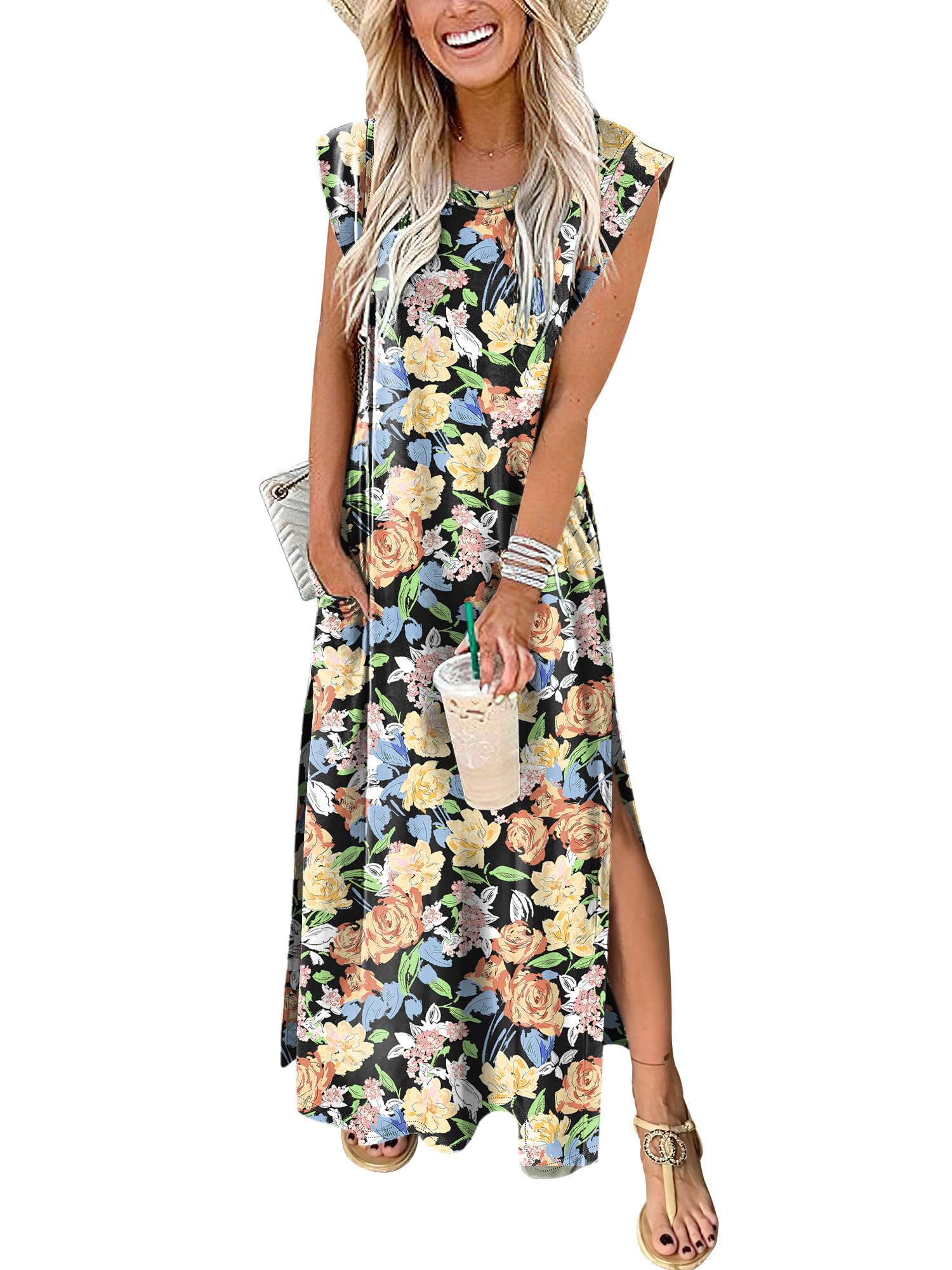 ANRABESS Summer Dress for Women 2026 Maxi Sundresses Casual Cap Sleeve Crew Neck Loose Split Beach Travel Vacation Outfits