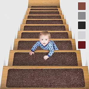 MBIGM 8" X 30" (15 in Pack) Non-Slip Carpet Stair Treads Non-Skid Safety Rug Slip Resistant Indoor Runner for Kids Elders and Pets with Reusable Adhesive, Brown