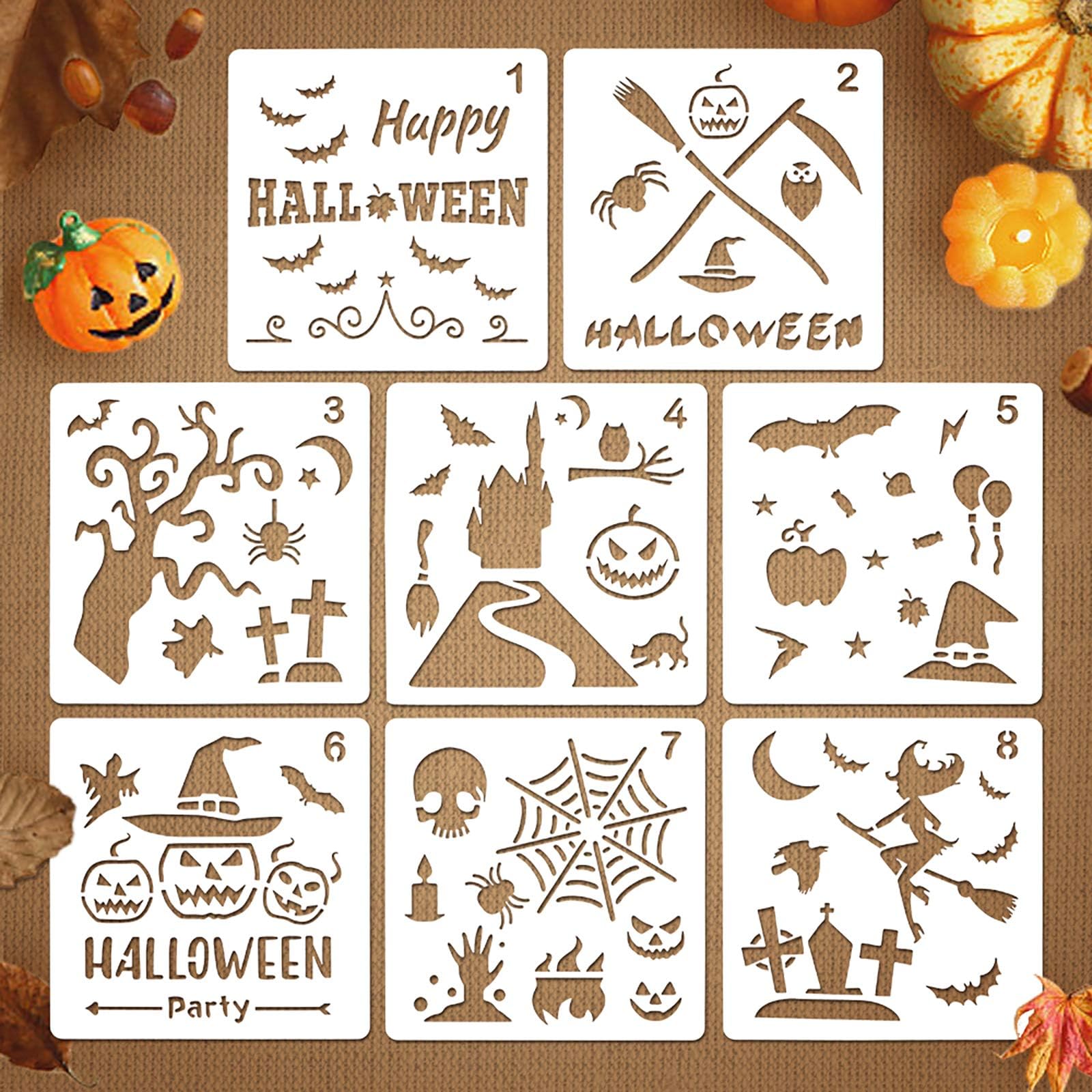 Coogam 8 Pcs Halloween Stencils Template DIY Decorative Pumpkins Mould Set - Reusable Plastic Craft for Art Drawing Painting Spraying Window Mirror Glass Door Car Body Wood Journaling Scrapbook