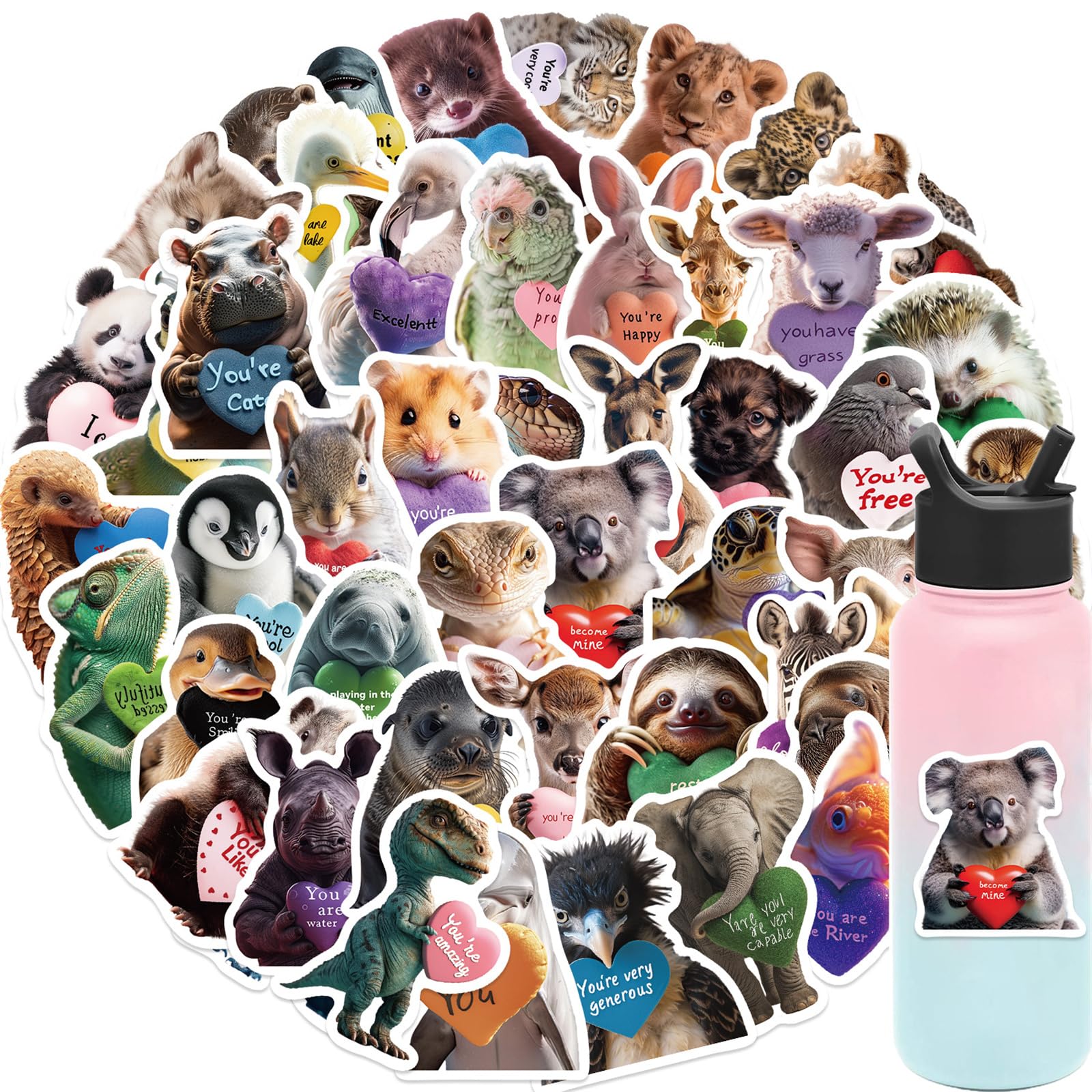 YULILO 50Pcs Love from Animals Stickers for Water Bottles Stickers Pack Waterproof Cool Stickers for Laptop, Hard Hats, Scrapbooking Decals (Animal
