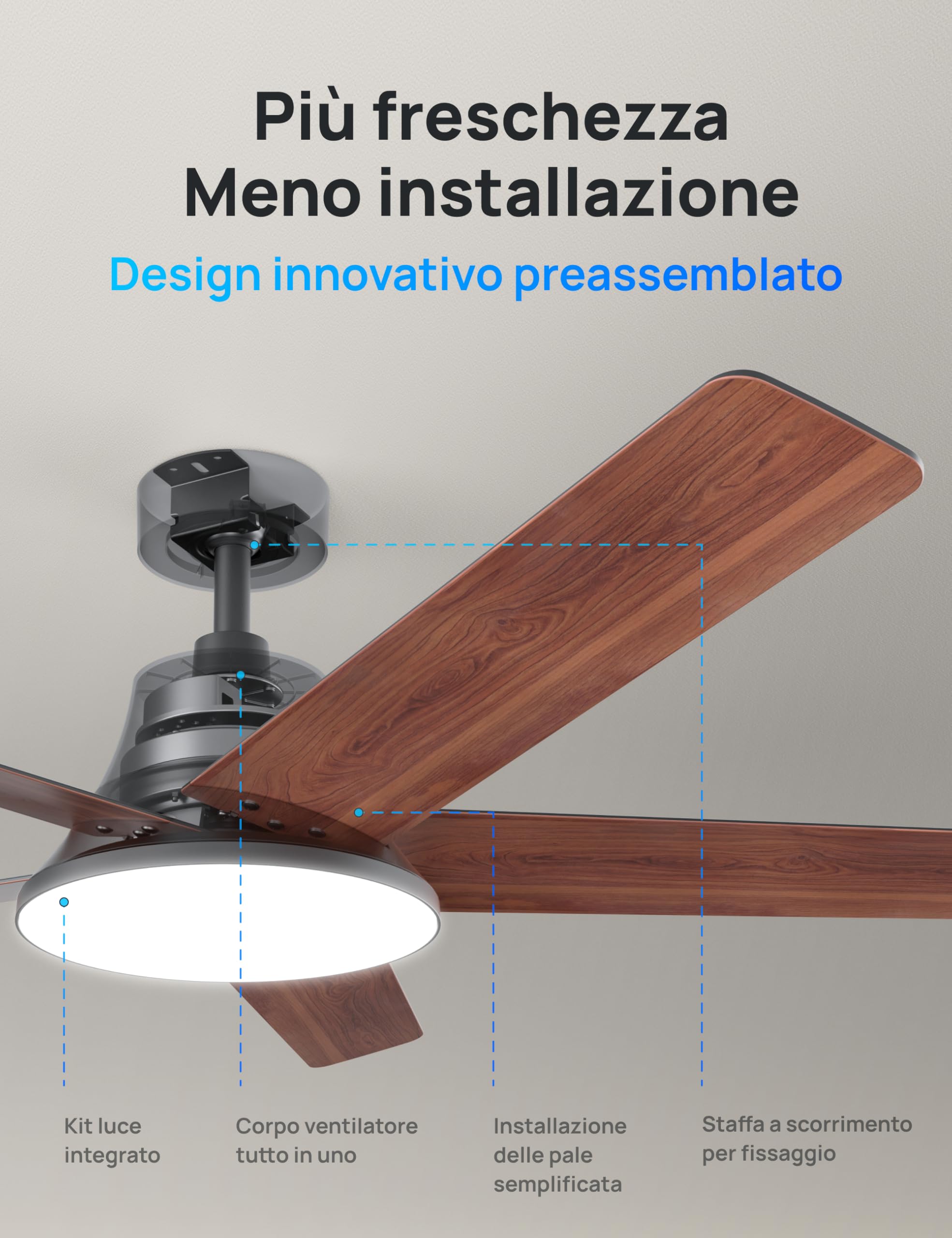 DREO Ventilatore a Soffitto Smart 132 cm, Luce LED con Tonalità Regolabili e Dimmerabile, 12 Velocità, 3 Modalità, Timer 12h, Motore DC Silenzioso, con Telecomando/APP/Alexa