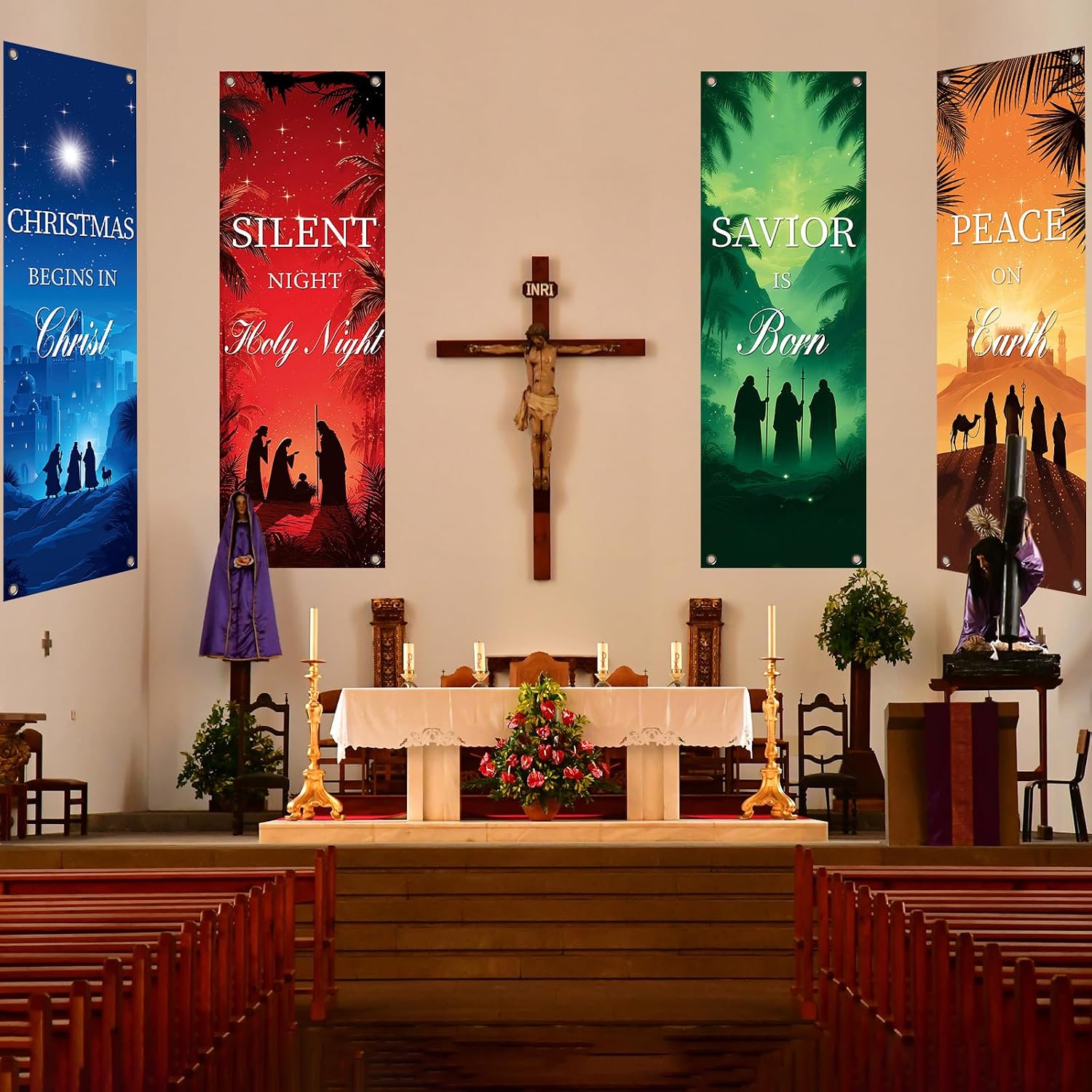 4Pcs Christmas Church Banners for Sanctuary Wall Inspirational Religious Hanging Signs Backdrop Colorful Christian Jesus Banners Worship Bible Verse Exquisite Banner for Holiday Sunday School Decor