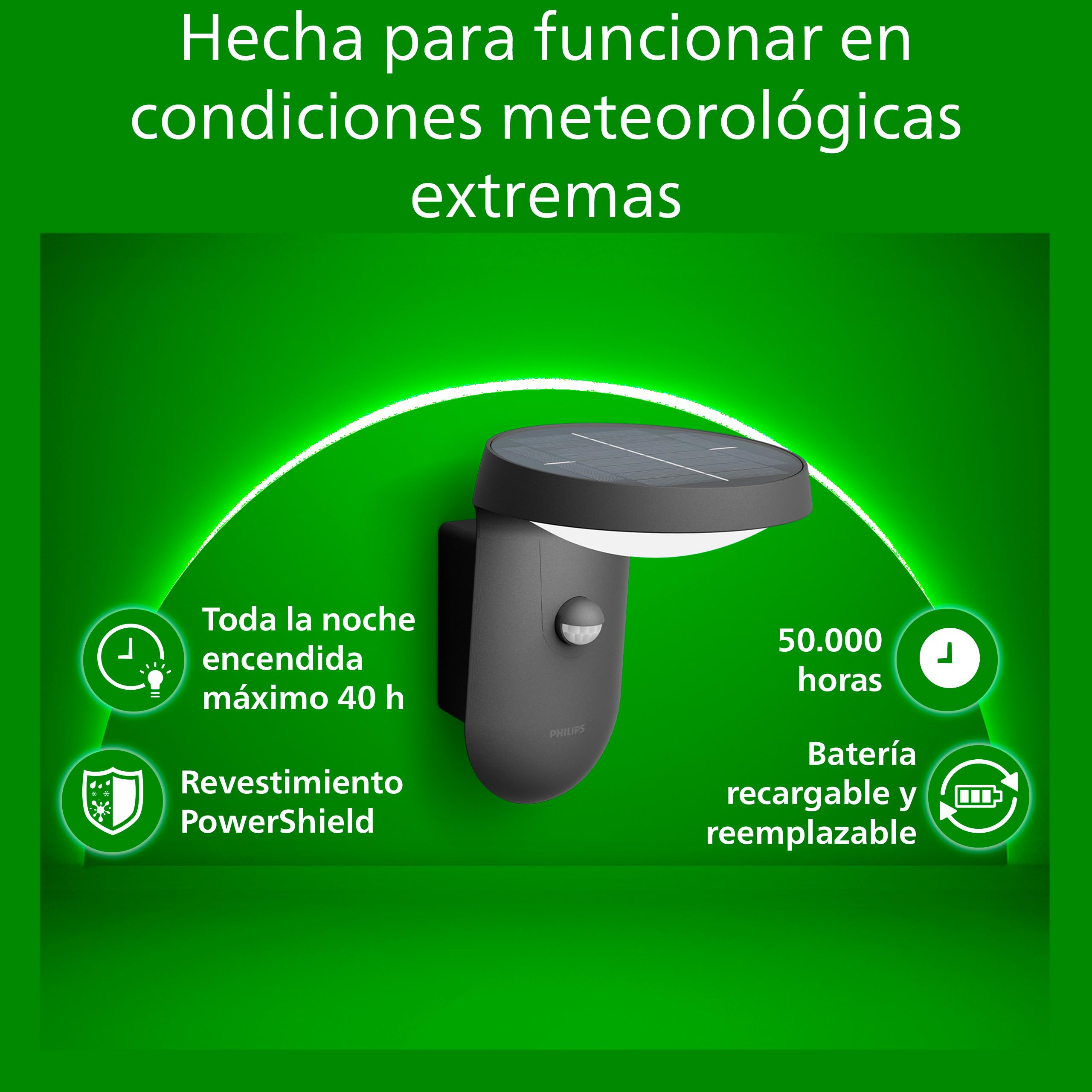 Philips - Aplique exterior de pared Philips Tyla 1.8W Luz Neutra 4000k, con sensor de movimiento y alimentación solar, protección IP44