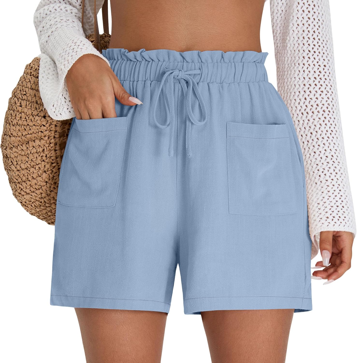 Locoowai Women's Linen Casual Shorts High Waist Drawstring Elastic Ruffle Waist Loose Summer Short with Pockets