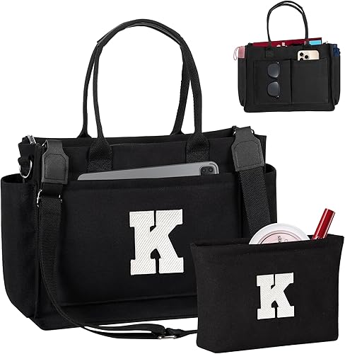 Miniatura 17 de Easter Basket Stuffers, Initial Tote Bag with Makeup Bag, Birthday Gifts for Women, Teen Girl Gifts Trendy Stuff Beige,Negro