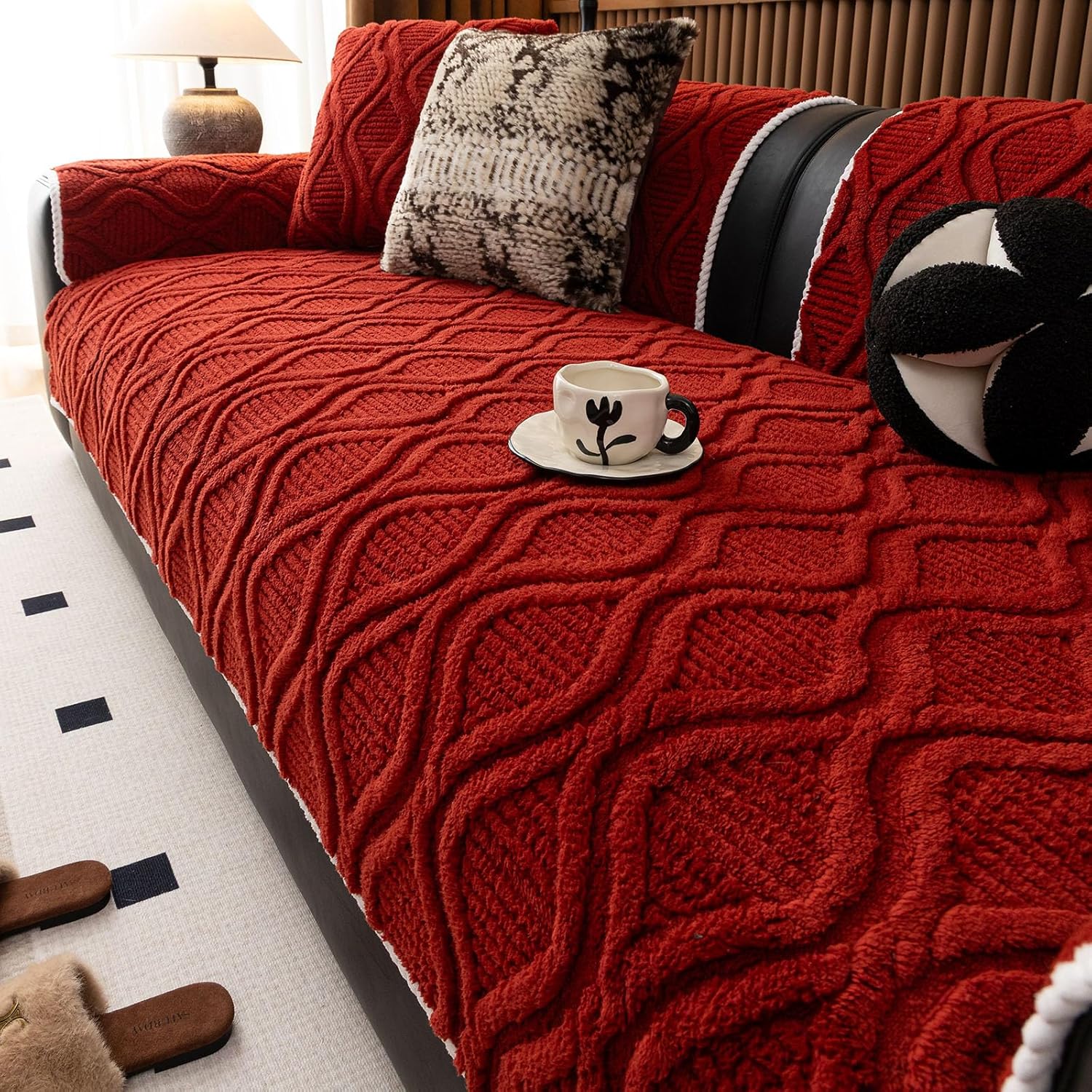 vctops Boho Fuzzy Couch Cover for Dogs Washable, Geometric Jacquard Pet Couch Covers for 3 Cushion Sofa Pet Friendly, Non Slip Sofa Cover (Red,36"x82")