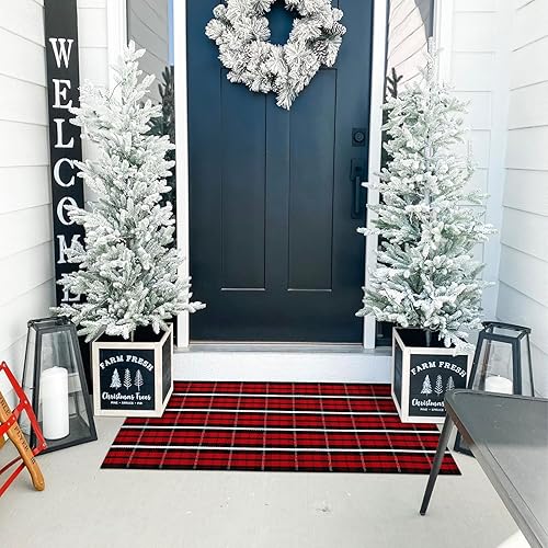 Miniatura 5 de Tapete de Navidad a cuadros para exteriores, 2 x 4.3 pies, color rojo, lavable a máquina, de algodón, para interiores y exteriores, alfombra de