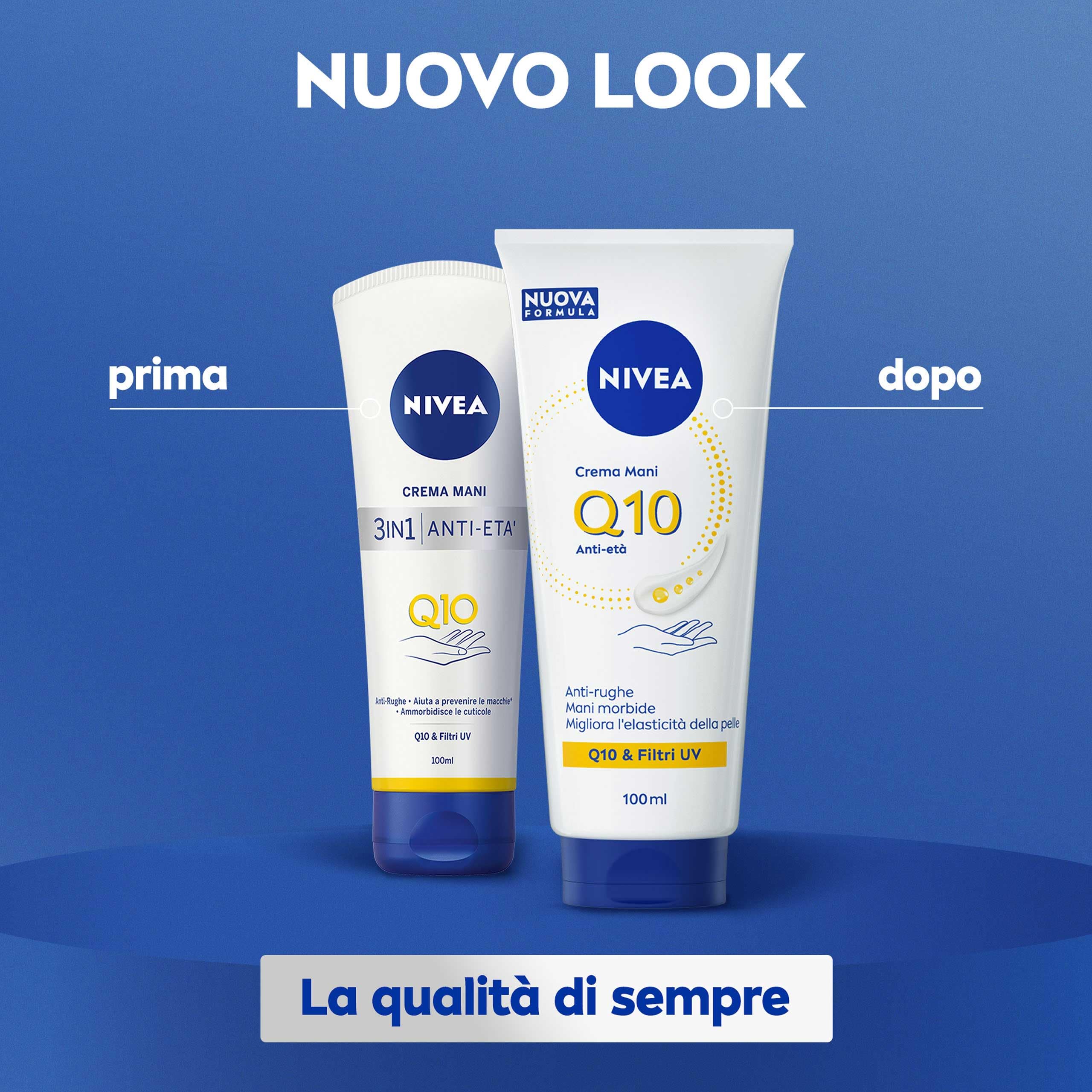 NIVEA Q10 Crema Mani Anti-Età 100 ml, Crema mani antiage e idratante 48h, Hand cream antirughe con Coenzima Q10 e Filtri UV, Migliora l'elasticità, Assorbimento rapido, Per tutti i tipi di pelle