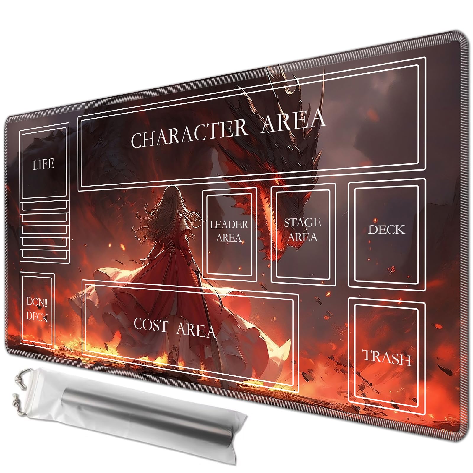 JANENFNA Playmat 24" x 14" with Magic Zones for MTG Card Game Playing, Board Game Mat for Card Breaking Commander Deck Gaming Card Game Battles Mat with Storage Bags, Fantasy Dragon and Battlefield โ image 1
