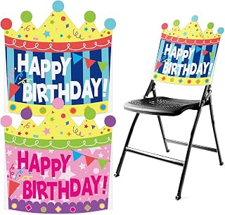 HunnmingRe 2 Pcs Birthday Chair Cover, Colorful Seat Cover for Classroom Seat Decorations for Kids Office Classroom School Home Dining Party Decorations (Crown,Blue, Pink)