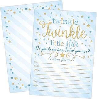 Boy Twinkle Twinkle Little Star Baby Shower Invitations, Blue and Gold Twinkle Twinkle Little Star Boy Baby Shower Invites, 20 Fill in Style with Envelopes