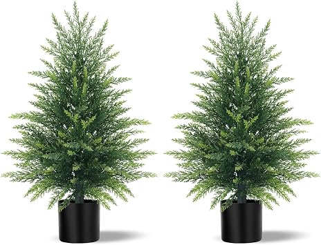 Grooy 2FT Artificial Cedar Topiary Tree with Pot, Set of 2 Fake Evergreen Tree for Indoor Home Christmas Decor Outdoor Garden Porch Decor