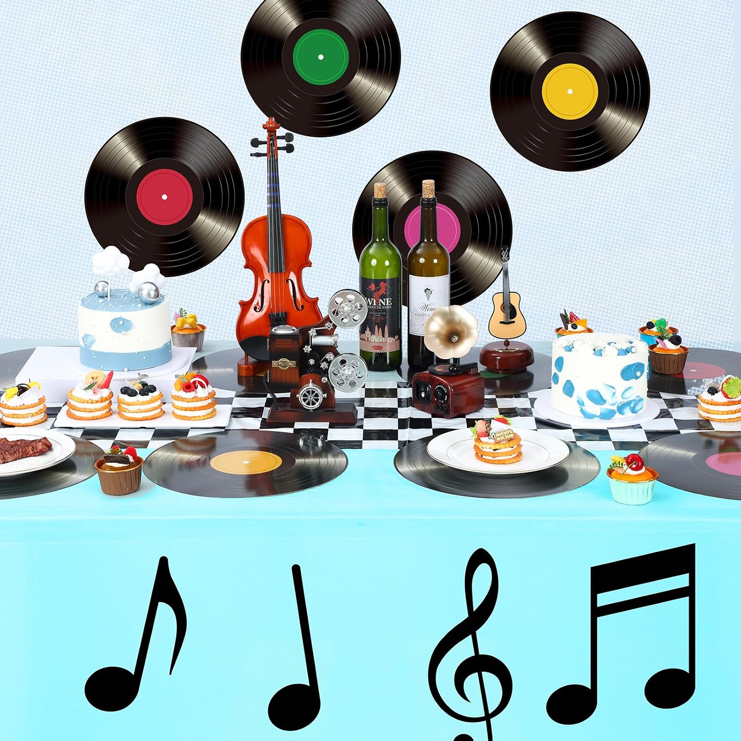 Oudain 50s Theme Party Decorations and Supplies, Car Birthday Party Supplies Retro Record Paper Placemats, Racing Tablecloth, Table Runner, Music Sign Cutouts for Diner Decor(Blue) image 4