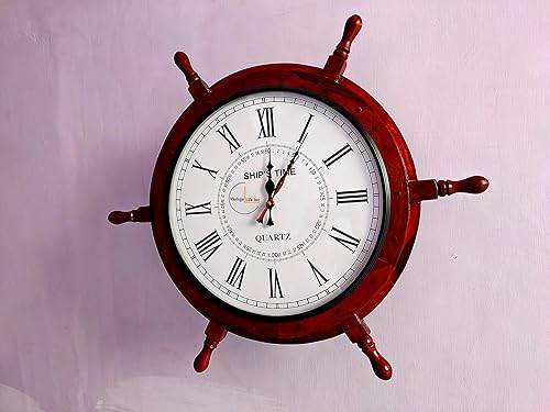 Miniatura 8 de DnU Avenue Reloj de pared de madera hecho a mano con rueda de barco para decoración del hogar y la oficina hecho a mano con madera natural