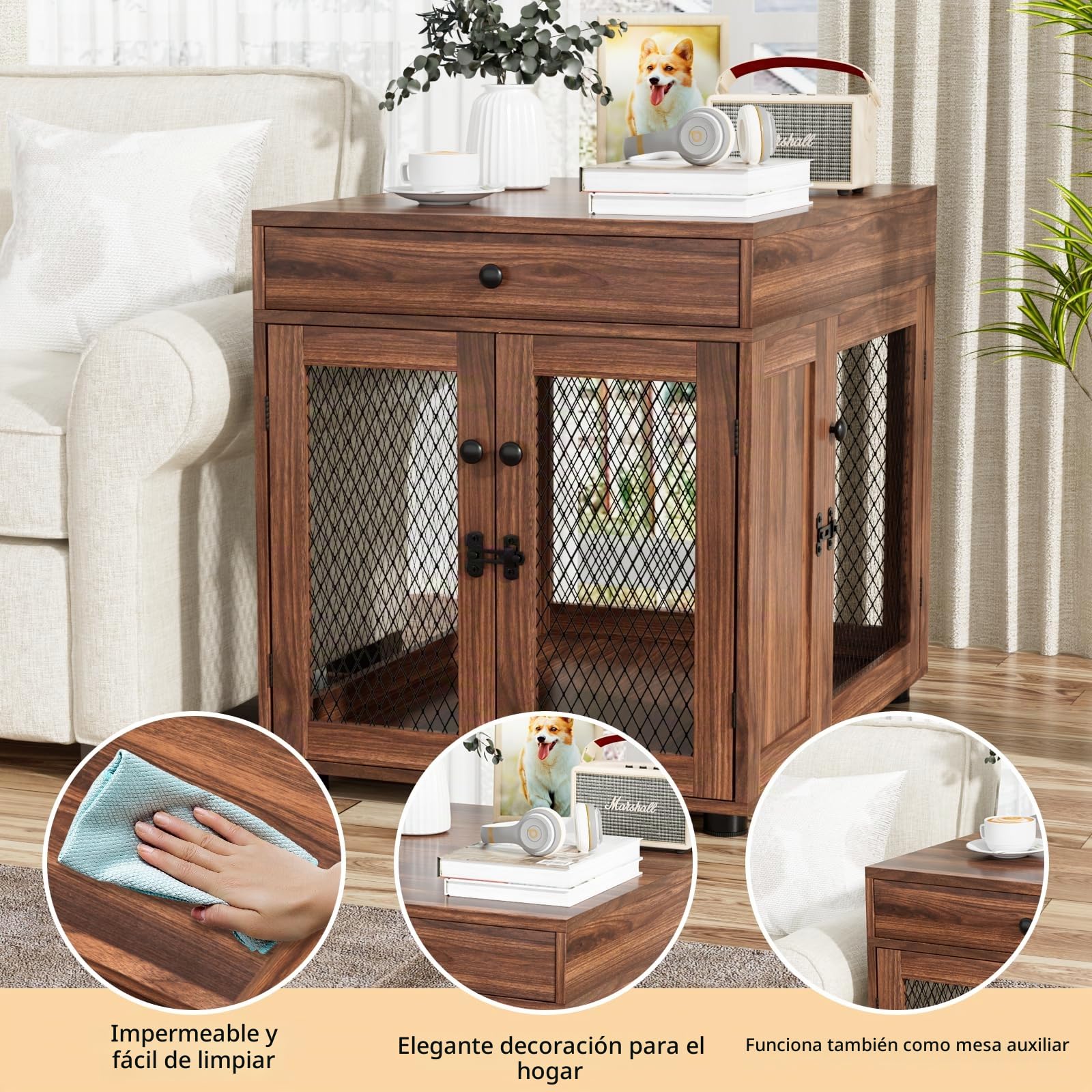 VOWNER Muebles para Jaulas de Perros, 3 Puertas Caja de Madera con Cajón, Moderna Caseta para Perros como Mesa Auxiliar, 60 x 80 x 69 cm, para Perros Pequeños/Medianos de hasta 30 kg, Marrón Nogal