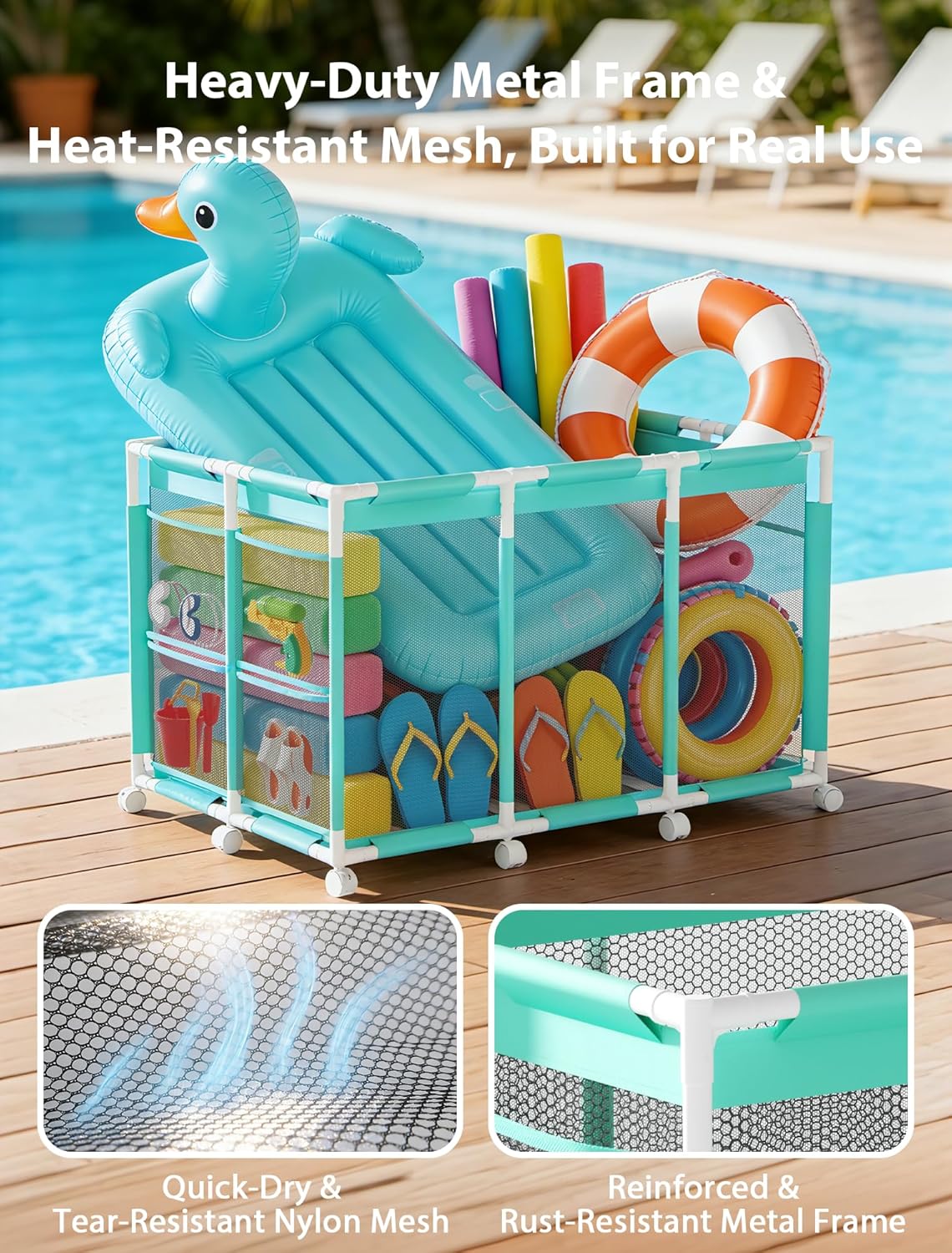 Pool Storage Bin - Large Nylon Mesh Pool Float Storage with 10 Upgraded Rolling Wheels, Outdoor Pool Toy Organizer Basket for Noodles, Floats, Goggles & Swimming Accessories, Cyan