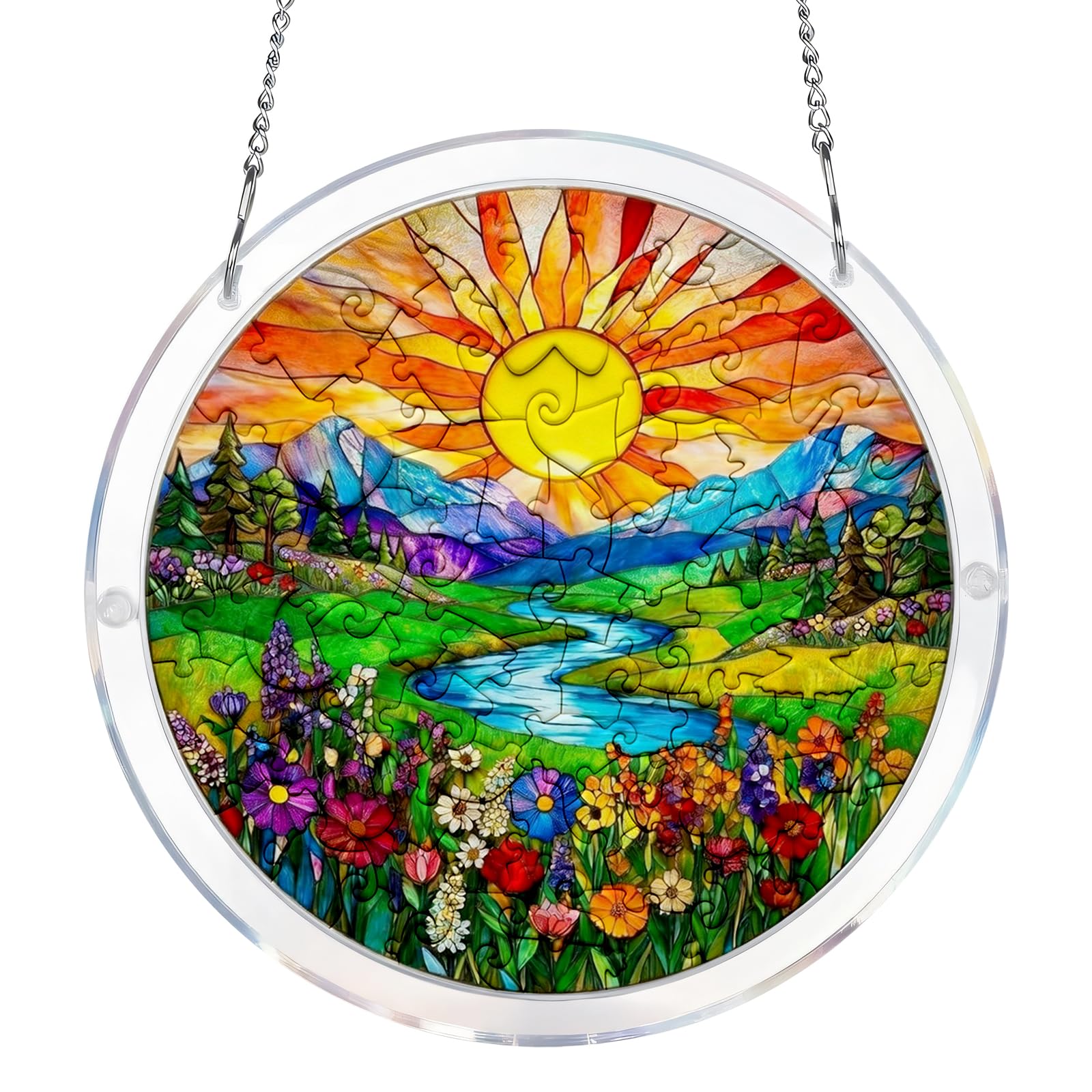 Sunrise Acrylic Jigsaw Puzzles Suncatcher, Acrylic Puzzles Suncatcher Kit, Wildflower Sun Catchers for Windows, Stained Glass Style Suncatchers, Window Hanging Decor for Garden, Balcony, Patio, Yard