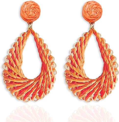Miniatura 8 de Fiklon Aretes de gota de ratán boho para mujer, aretes de lágrima de rafia, hechos a mano, aretes de verano rosa intenso para niñas
