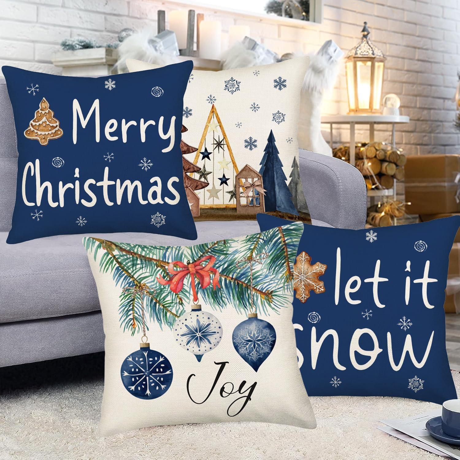 Fukeen Merry Christmas Pillows Covers 22x22 Inch Set of 4 Let it Snow Snowflake Christmas Tree Joy Xmas Balls Throw Pillow Cover Blue Winter Holiday Cushion Case Farmhouse Decoration for Sofa Couch