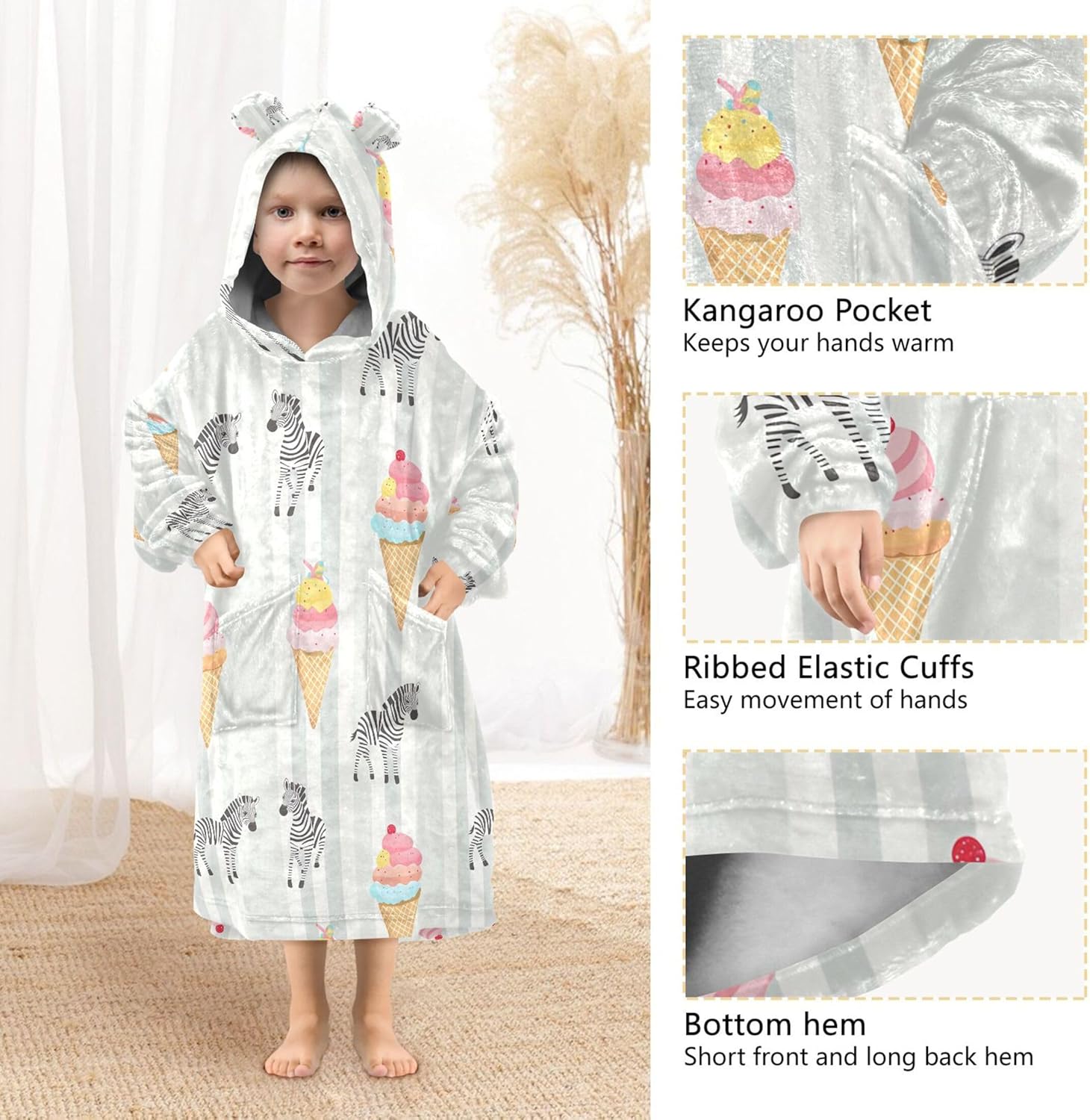 Cute Zebra Ice Cream Kids Wearable Blanket Hoodie with Pocket and Sleeves for Toddlers, Cute Hoodies Girls Boys