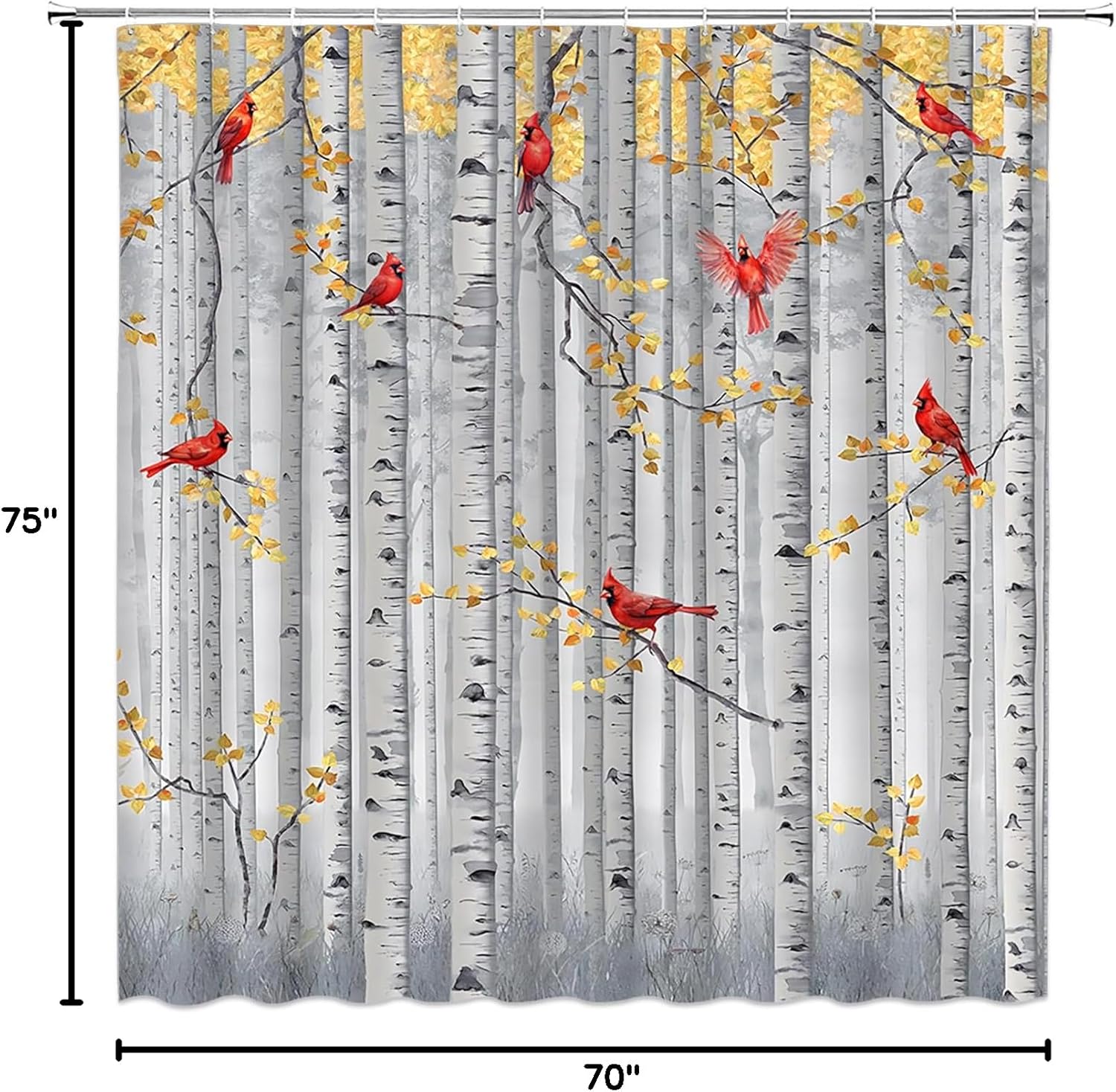 Tree Bird Shower Curtain Rustic Birch Tree Forest Red Bird Yellow Leaves Fall Nature Scenery Plant Extra Wide Bathroom Decor Curtain with Hooks,75W x70 H