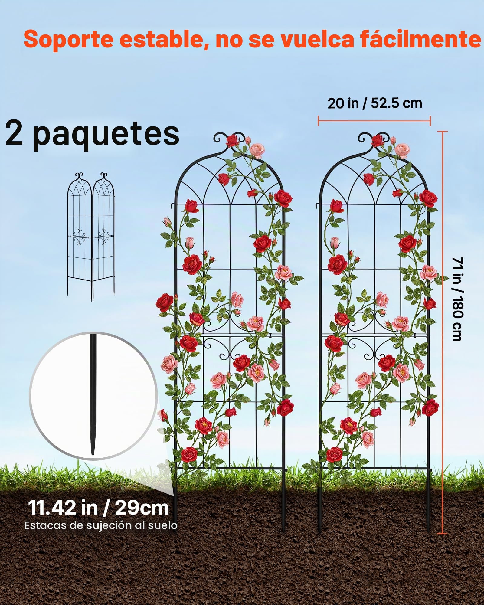 VEVOR Enrejado Metálico para Jardín, 180 x 52,5 cm, Celosías de Jardín, Paquete de 2 Piezas, Soporte para Plantas Trepadoras, con Estacas, Decoración de Diseño Elegante, para Verduras Flores, Negro