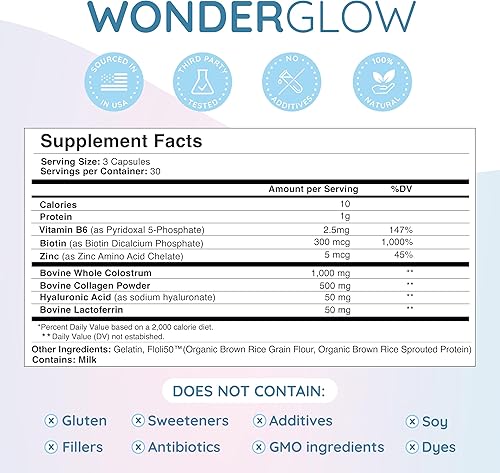 Miniatura 2 de WONDERCOW Vitaminas para el cabello, la piel y las uñas con colostrum bovino, colágeno, ácido hialurónico, biotina, zinc y lactoferrina  Apoya un