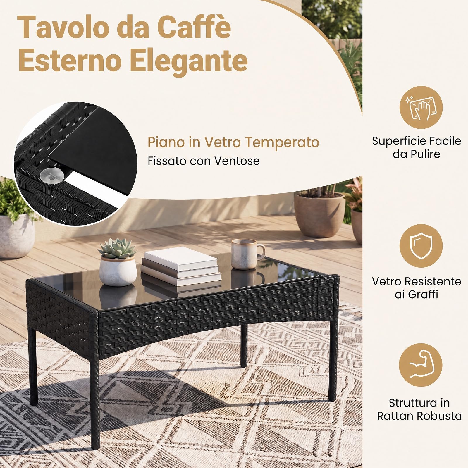 SOARS Salotto da Giardino 4 Pezzi, Set da Esterno in Rattan con 1 Divano 2 Posti, 2 Poltrone, 1 Tavolino in Vetro Temperato, Set Mobili da Giardino con Cuscini per Balcone, Terrazzo (Nero)